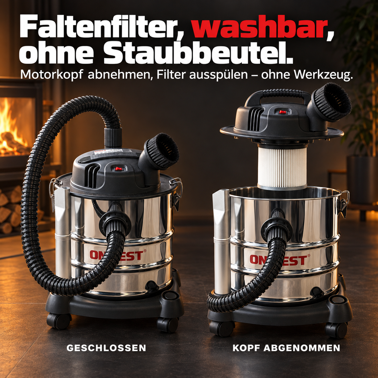 ONBEST Aschesauger mit abwaschbarem Faltenfilter ohne Staubbeutel (Dieses Bild wurde mit Hilfe von KI generiert.)