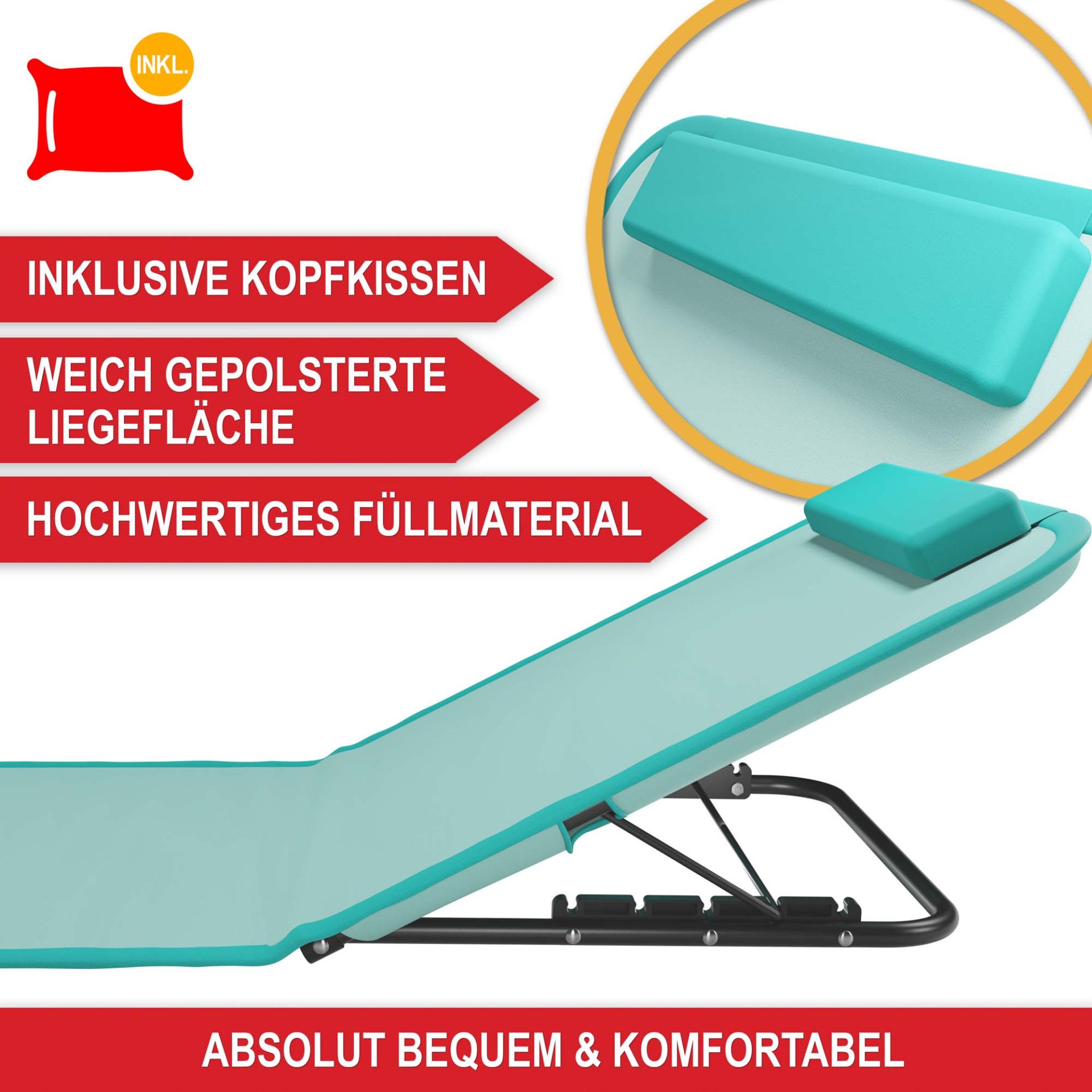 Strandliege türkis - Inklusive Kopfkissen, weich gepolsterte Liegefläche, hochwertiges Füllmaterial, absolut komfortabel