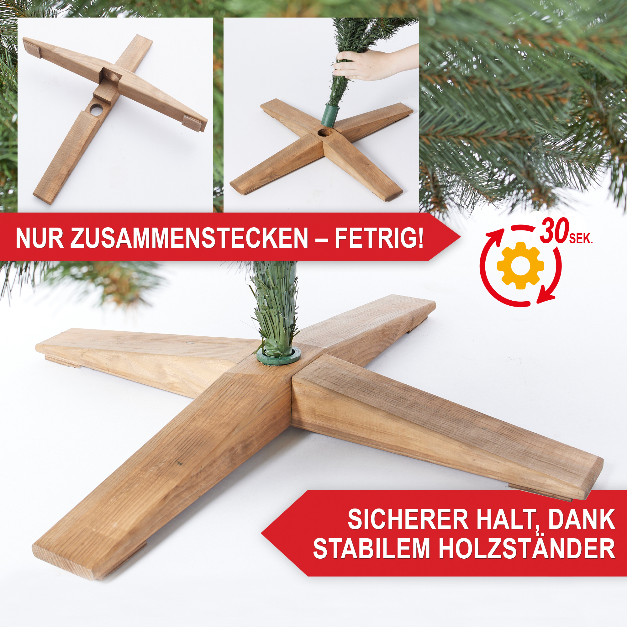Weihnachtsbaum Classic 1,80 Meter - Sicherer Halt dank Ständer aus hochwertigem Holz, einfach zusammenstecken