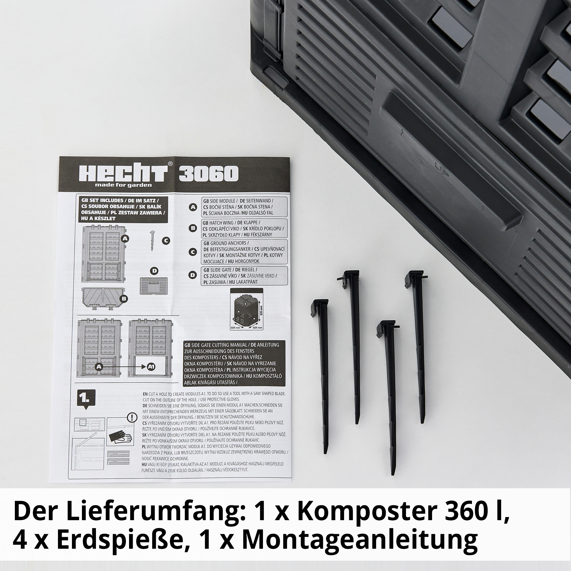 Hecht 3060 Komposter; Der Lieferumfang umfässt 1x Komposter mit 360 Liter, 4x Erdspieße, 1x Montageanleitung