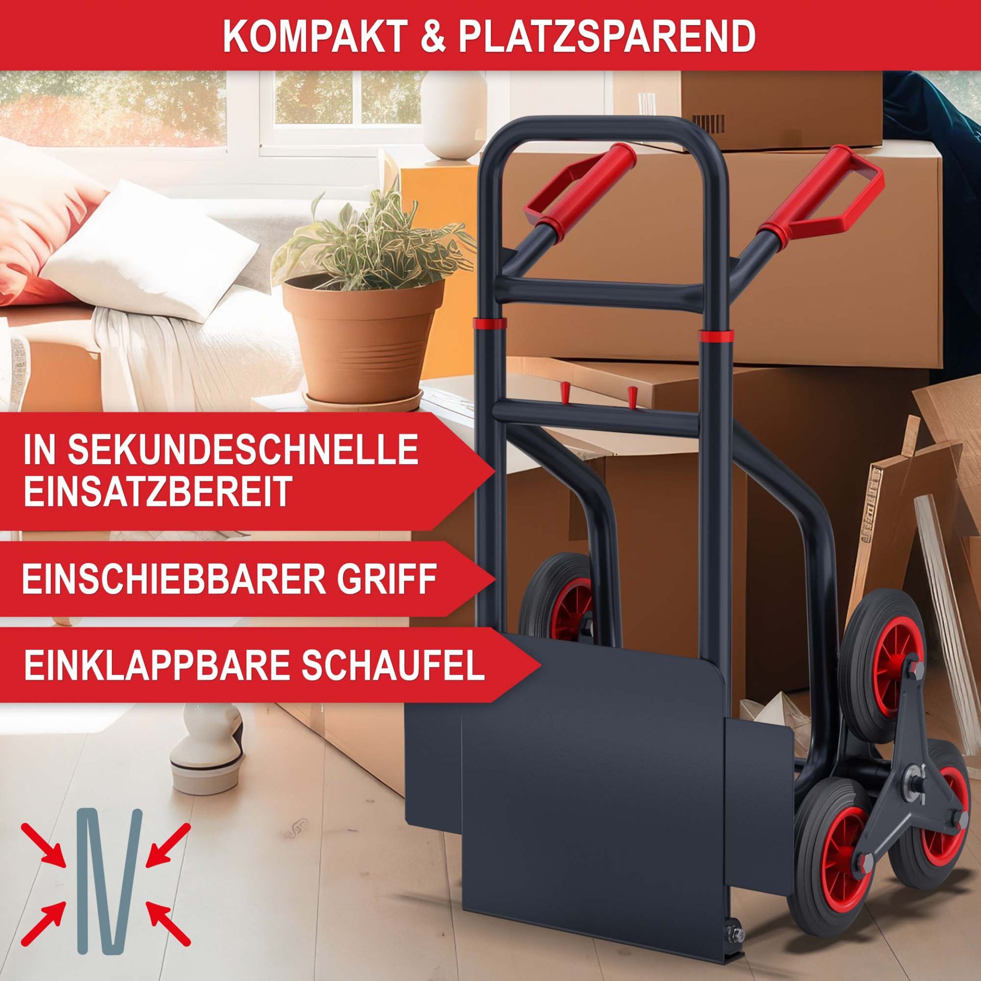 Treppensackkarre klappbar - kompakt und platzsparend, in Sekundenschnelle Einsatzbereit, einschiebbarer Griff, einklappbare Schaufel