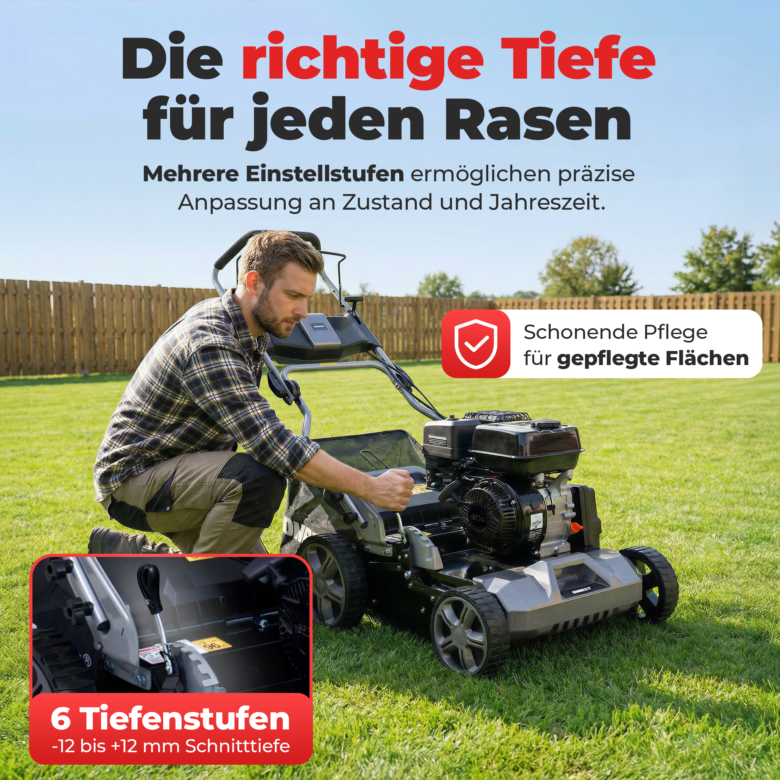 Benzin Vertikutierer Tiefeneinstellung 6-fach zentral verstellbar Arbeitstiefe Hebel