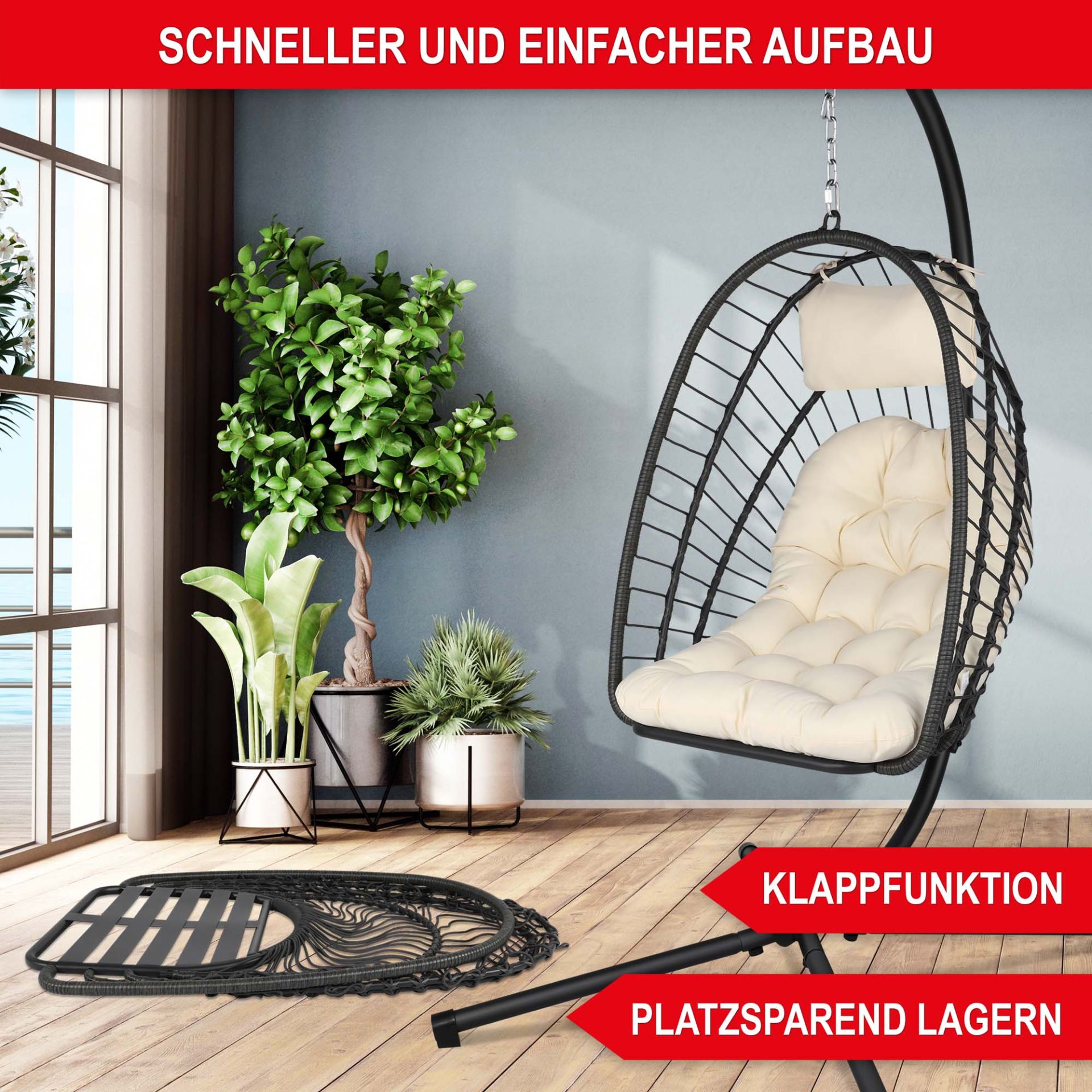 Hängesessel beige - schneller und einfacher Aufbau, Klappfunktion, platzsparend lagern Hängesessel beige - schneller und einfacher Aufbau, Klappfunktion, platzsparend lagern