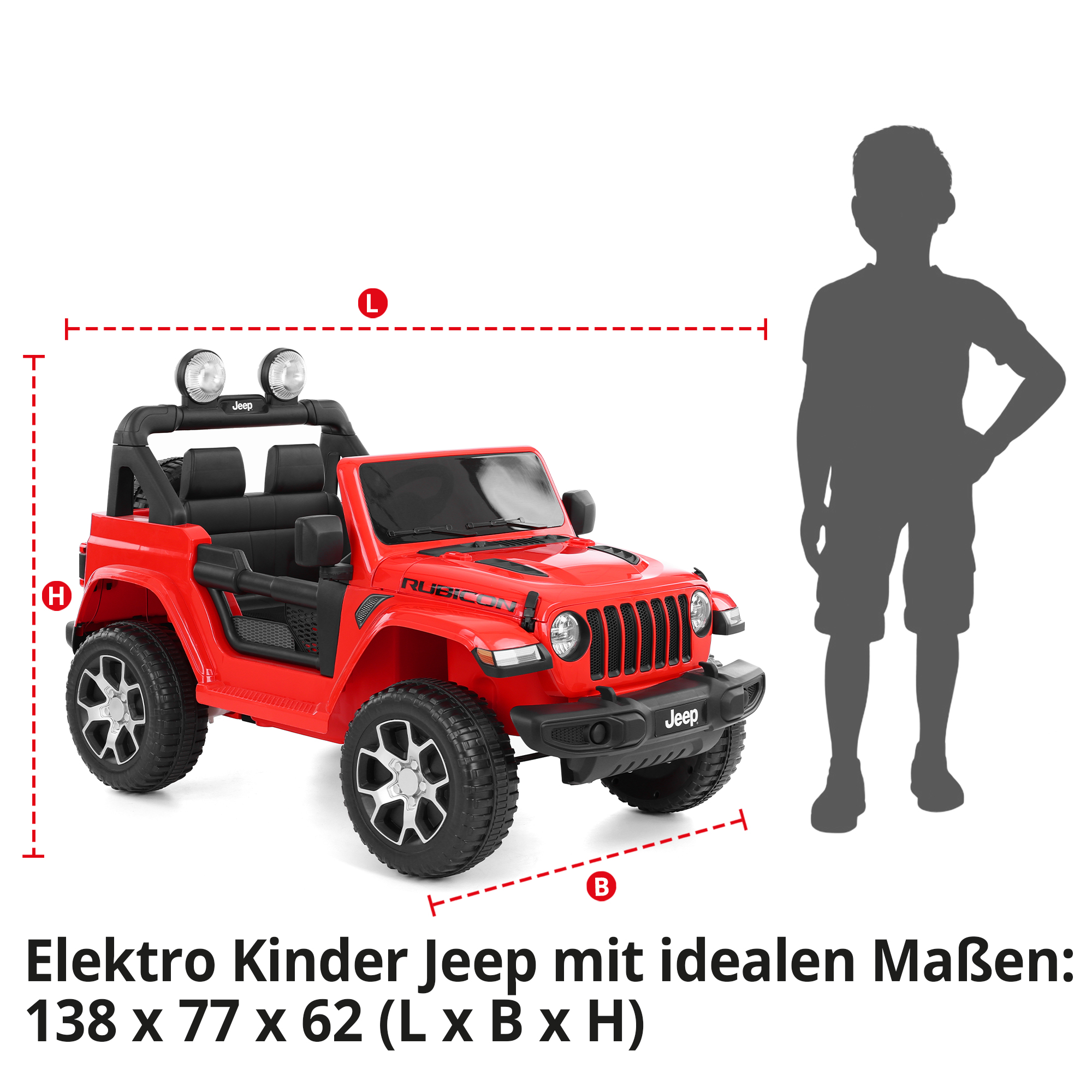 HECHT Kinder Elektroauto Jeep Wrangler Rubicon Red mit idealen Maßen: 138 x 77 x 62 cm