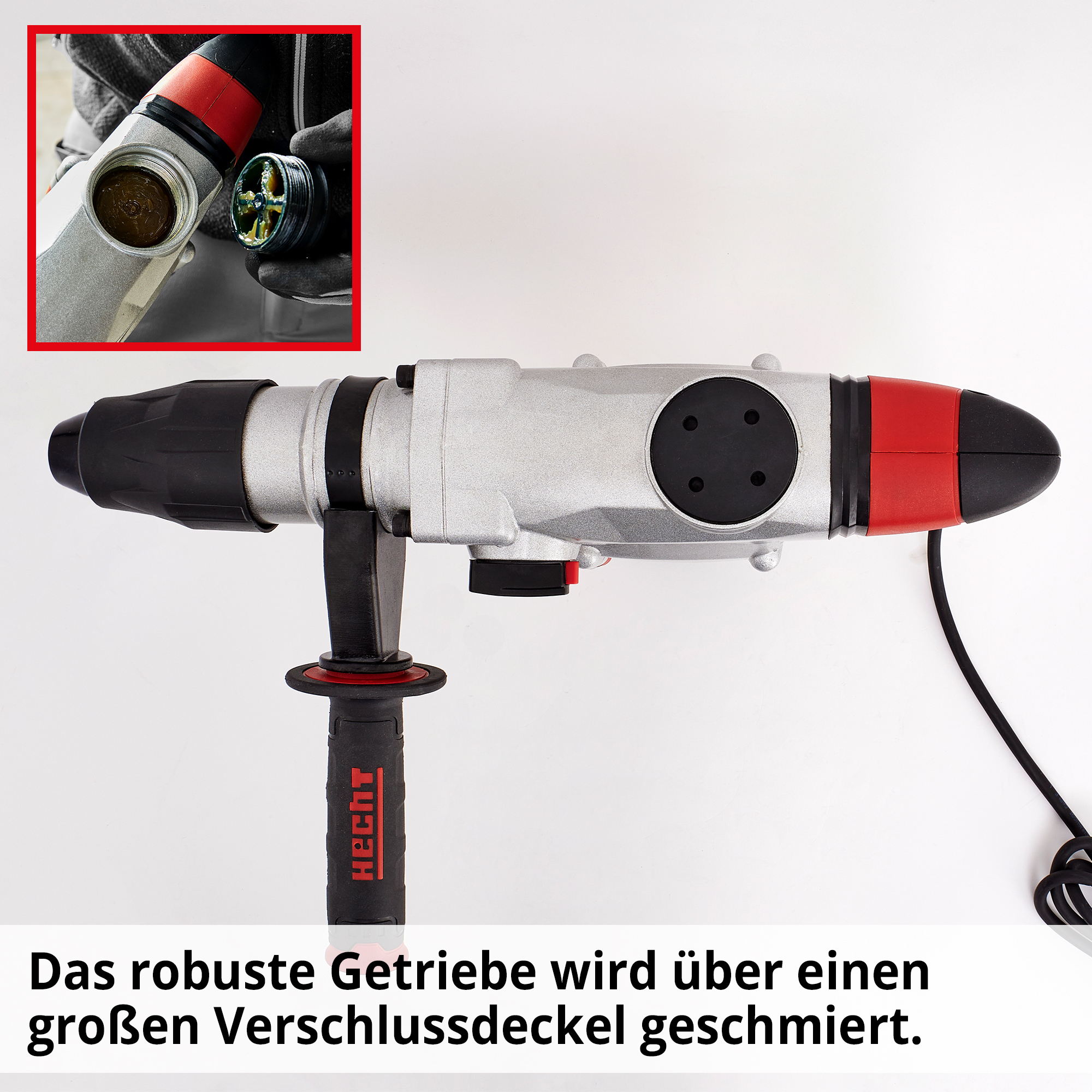 HECHT 1069 Bohrhammer; Das robuste Getriebe wird über einen großen Verschlussdeckel geschmiert 
