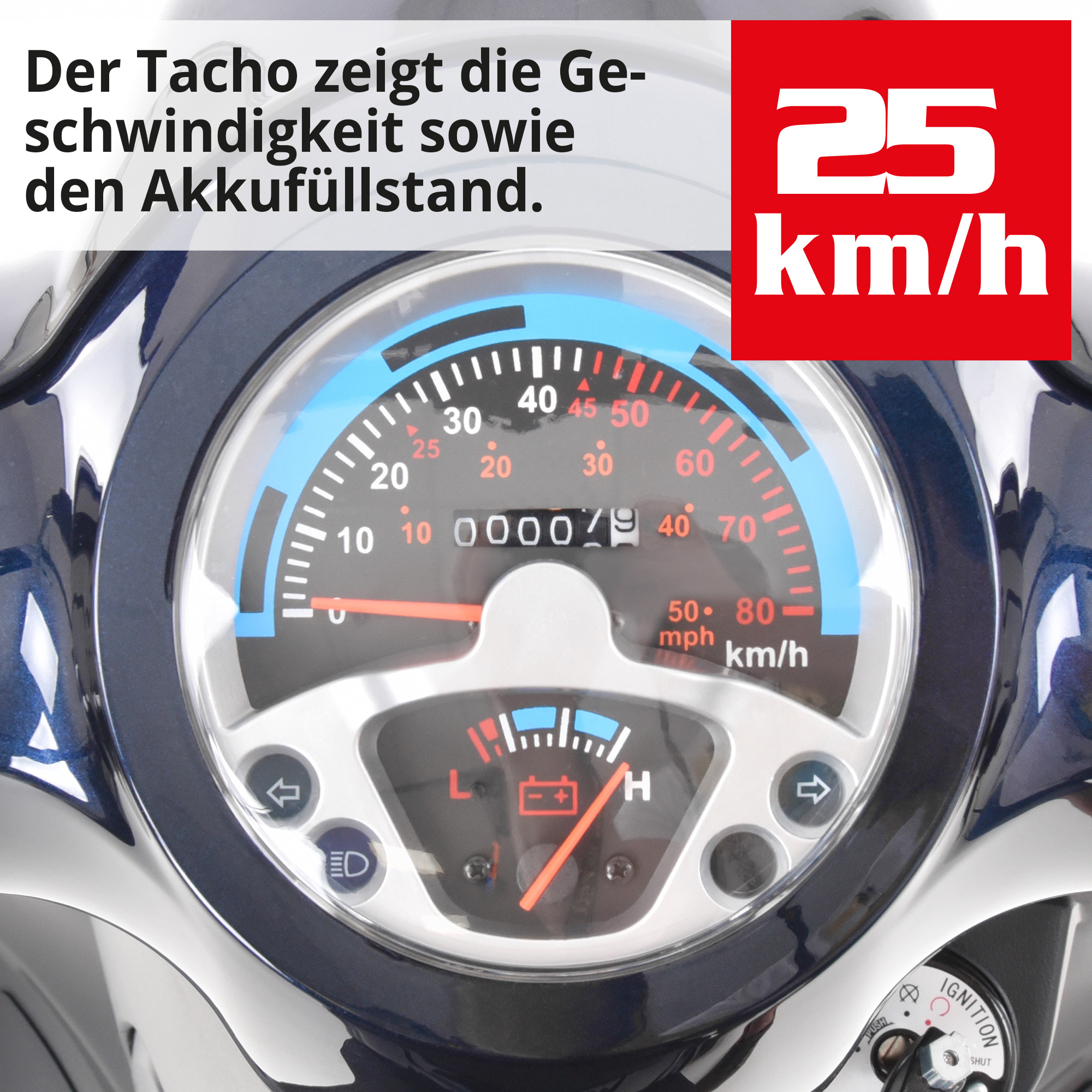 Hecht WISE BLUE Elektro Seniorenmobil; Der Tacho zeigt die Geschwindigkeit sowie den Akkufüllstand