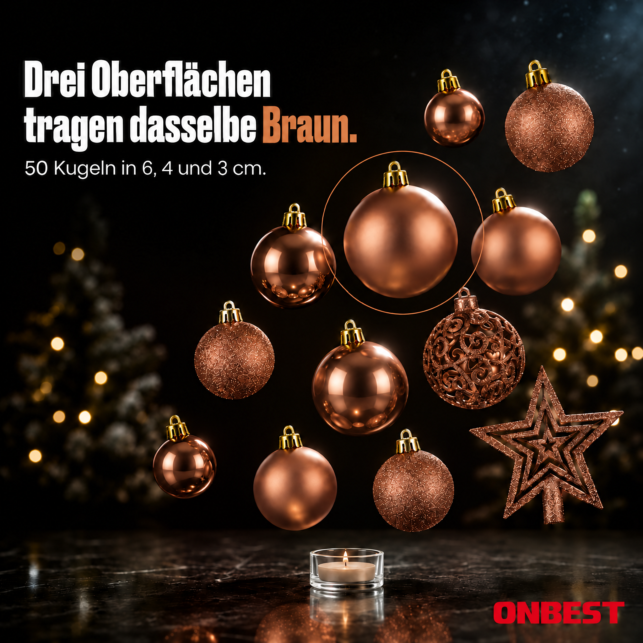 Christbaumkugeln Braun ONBEST: Drei Oberflächen und Größen im Set. (Dieses Bild wurde mit Hilfe von KI generiert.)