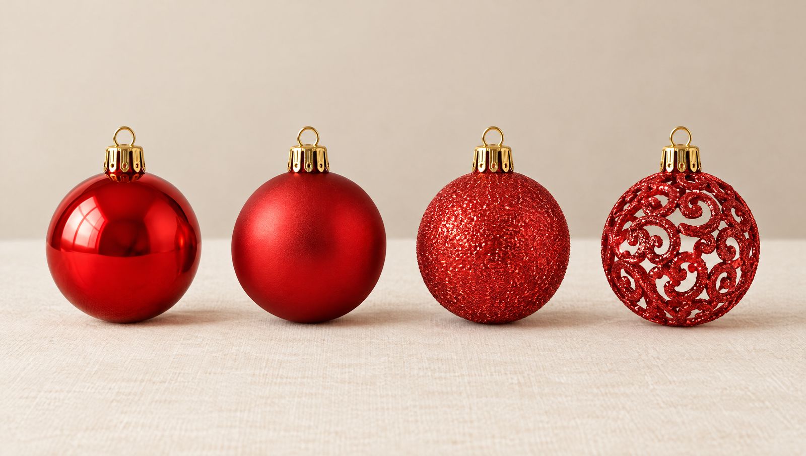 Vier rote Weihnachtskugeln im Vergleich: glänzend, matt, glitzernd und Ornamentkugel mit durchbrochenem Muster, jeweils mit goldfarbener Kappe (Dieses Bild wurde mit Hilfe von KI generiert.)