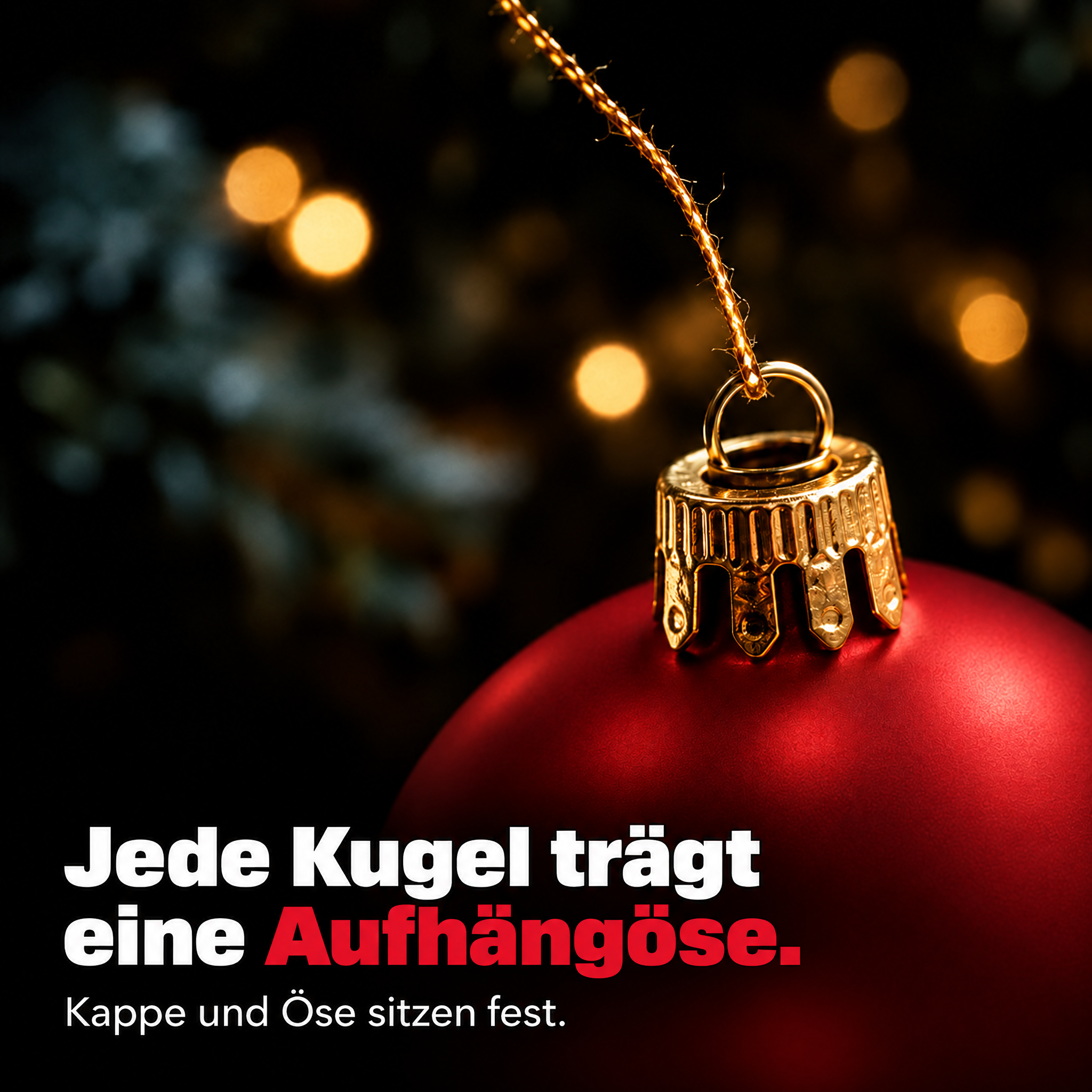 Christbaumschmuck Details: Jede rote Kugel hat eine feste Aufhängöse. (Dieses Bild wurde mit Hilfe von KI generiert.)