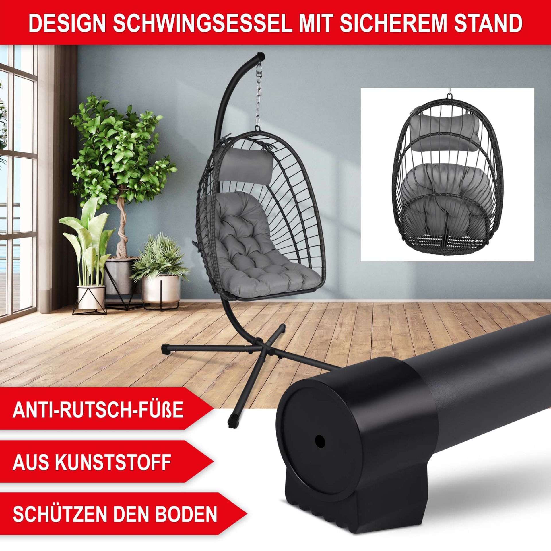 Hängesessel grau - Design Schwingsessel mit sicherem Stand, Antirutschfüße, aus Kunststoff, schützen den Boden