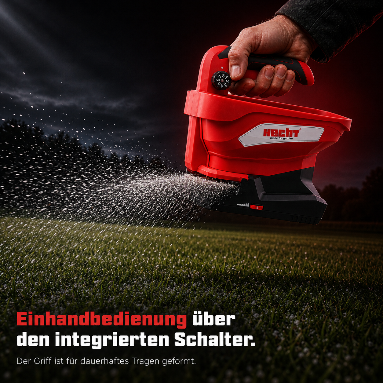 Komfortable Einhandbedienung des HECHT Akku-Handstreuers 207 dank ergonomischem Griff und integriertem Schalter