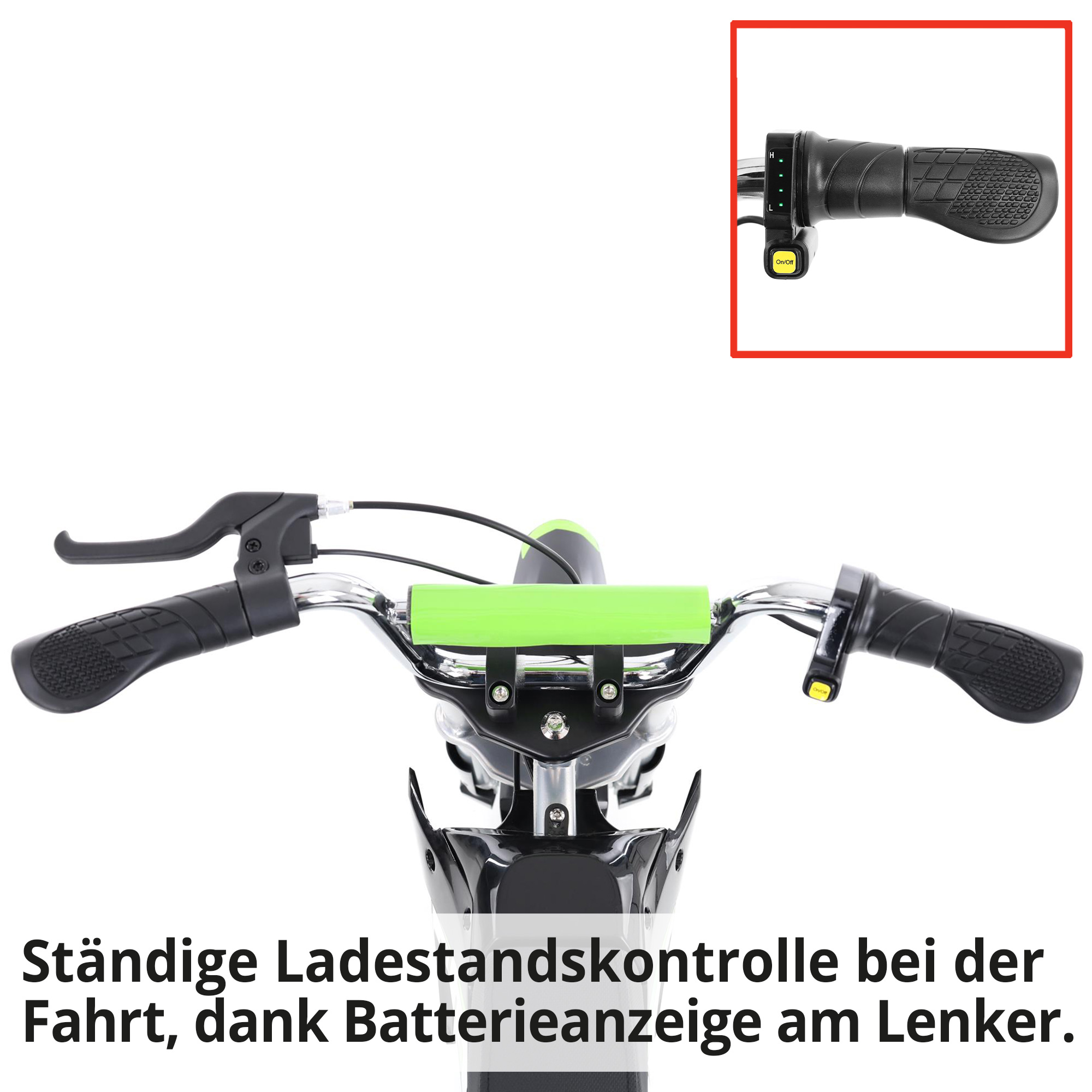 Hecht 54300 Green Pocketbike; Ständige Ladestandskontrolle bei der Fahrt, dank Batterieanzeige am Lenker