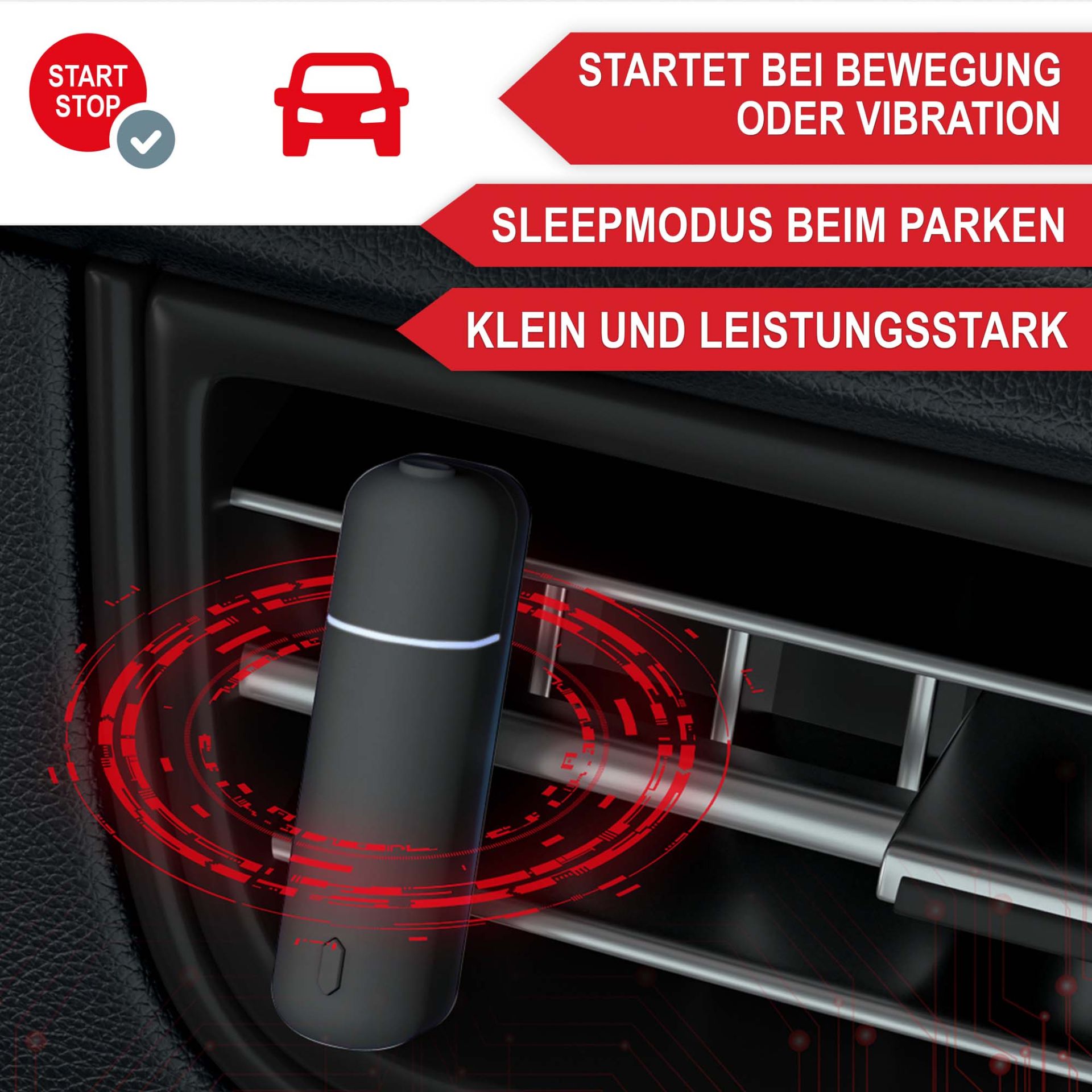 Aromadiffuser schwarz - Startet bei Bewegung oder Vibration, Sleepmodus beim parken, klein und Leistungsstark