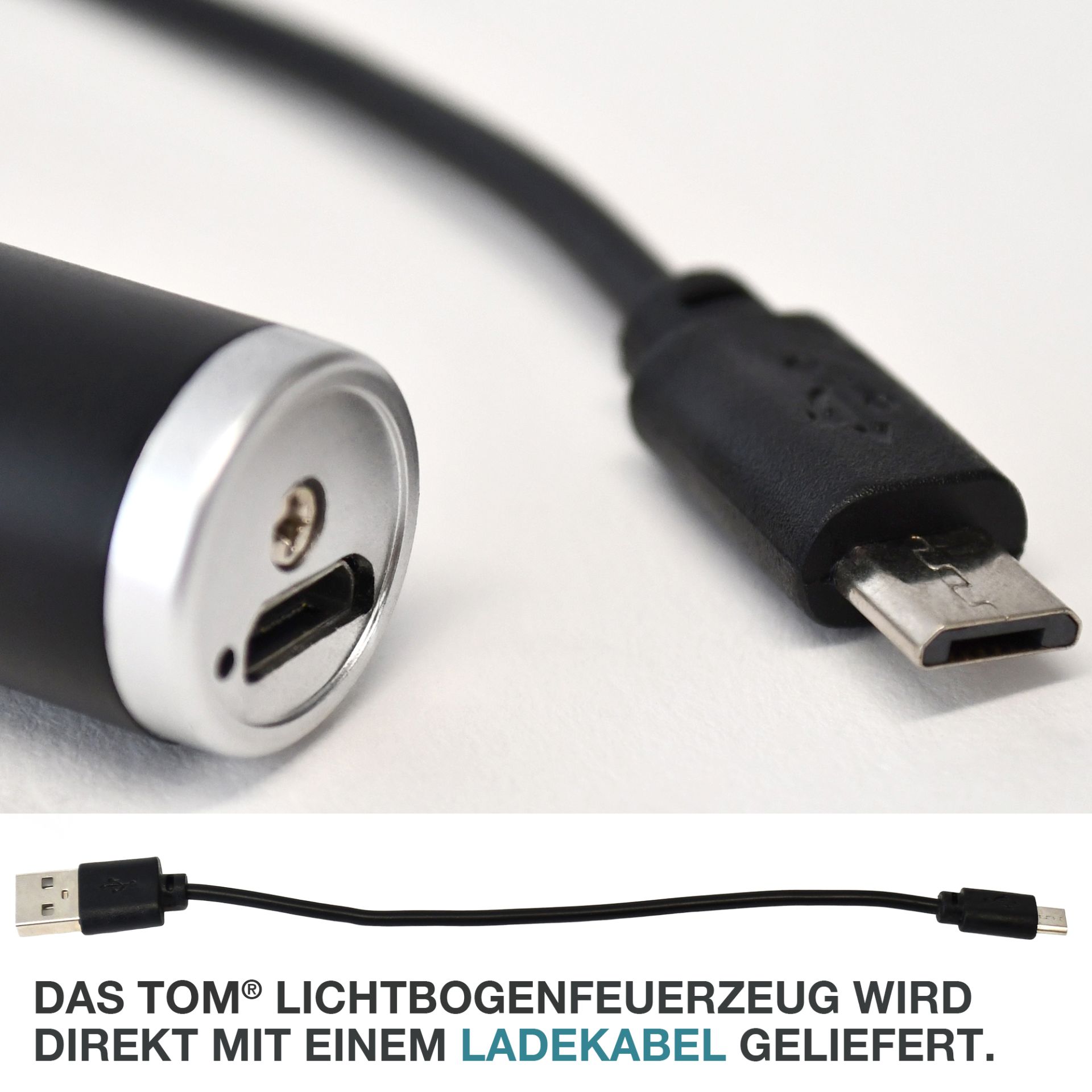 TOM Lichtbogenfeuerzeug; mit dem mitgelieferten USB-Kabel laden