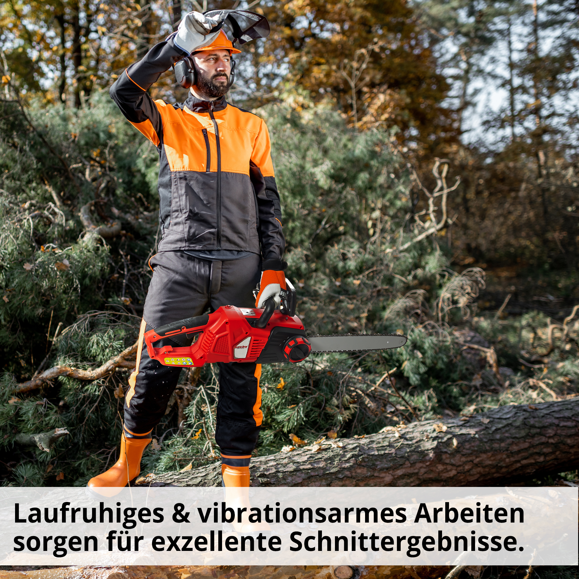 Elektro Kettensäge Einsatz Forstarbeit vibrationsarm Mann Schutzkleidung Wald Milieu