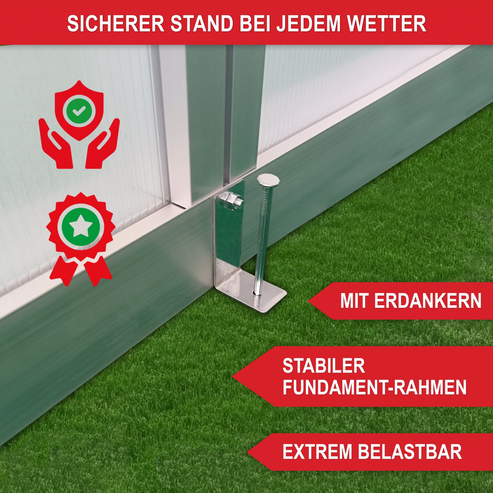 Gewächshaus Aluminium M - sicherer Stand bei jedem Wetter, mit Erdankern, stabiler Fundamentrahmen, extrem belastbar