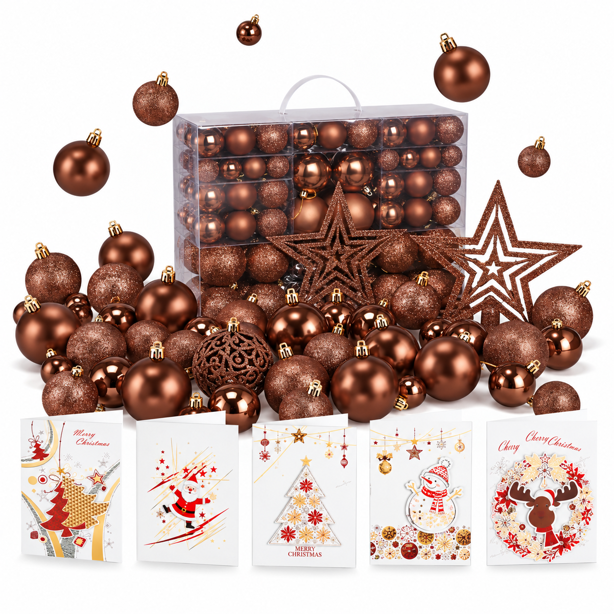 ONBEST Christbaumkugeln: Komplettes Braun-Set freigestellt auf Weiß (Dieses Bild wurde mit Hilfe von KI generiert.)