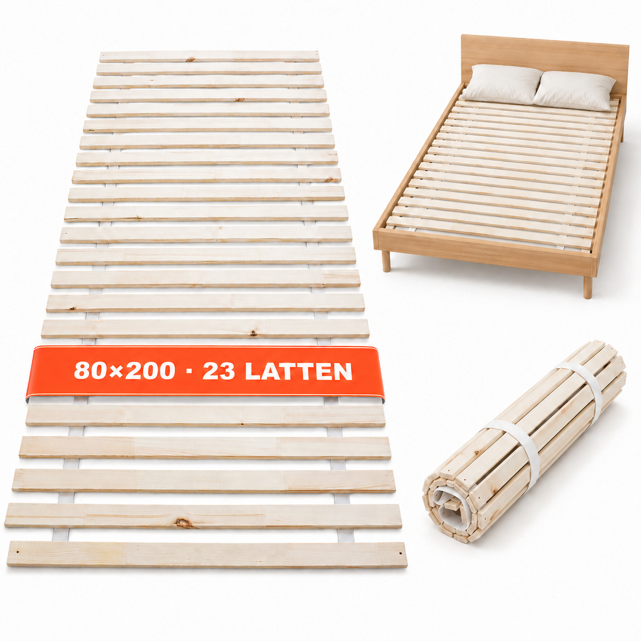 Rollrost 80x200 cm mit 23 Latten: Im Bett, ausgerollt und kompakt gerollt (Dieses Bild wurde mit Hilfe von KI generiert.)