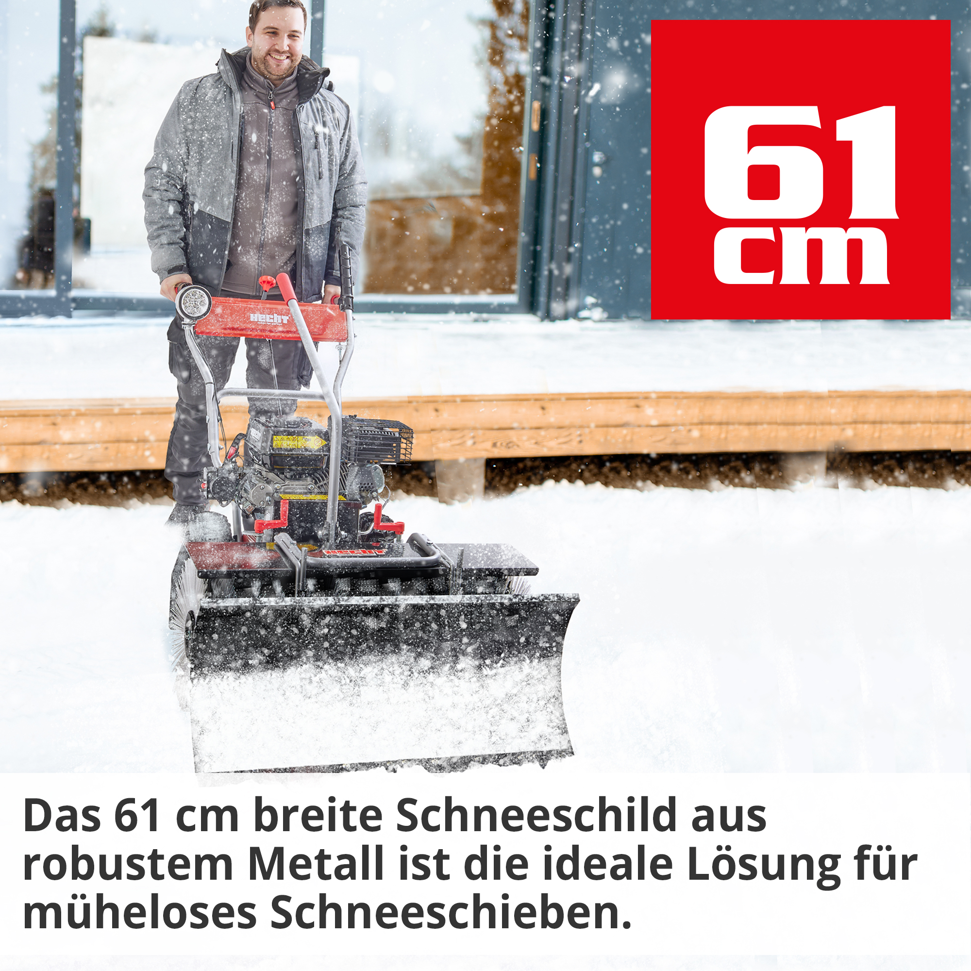 Die HECHT Benzin Kehrmaschine 8616 SE Set 2 Kehrmaschine mit 61 cm breiten Schneeschild ist die ideale Lösung für müheloses Schneeschieben