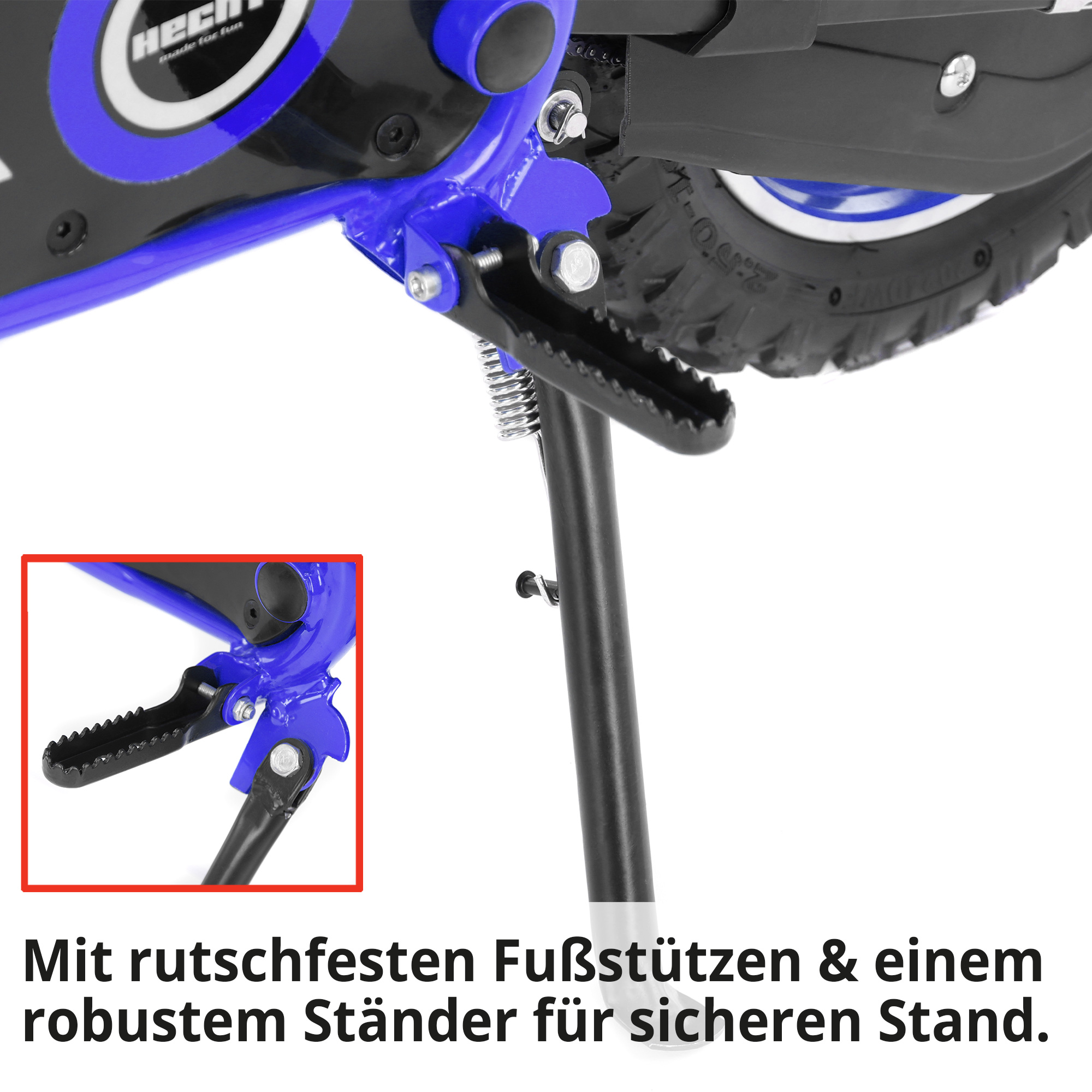 Elektro Pocketbike; rutschfeste Fußstützen und robuster Ständer