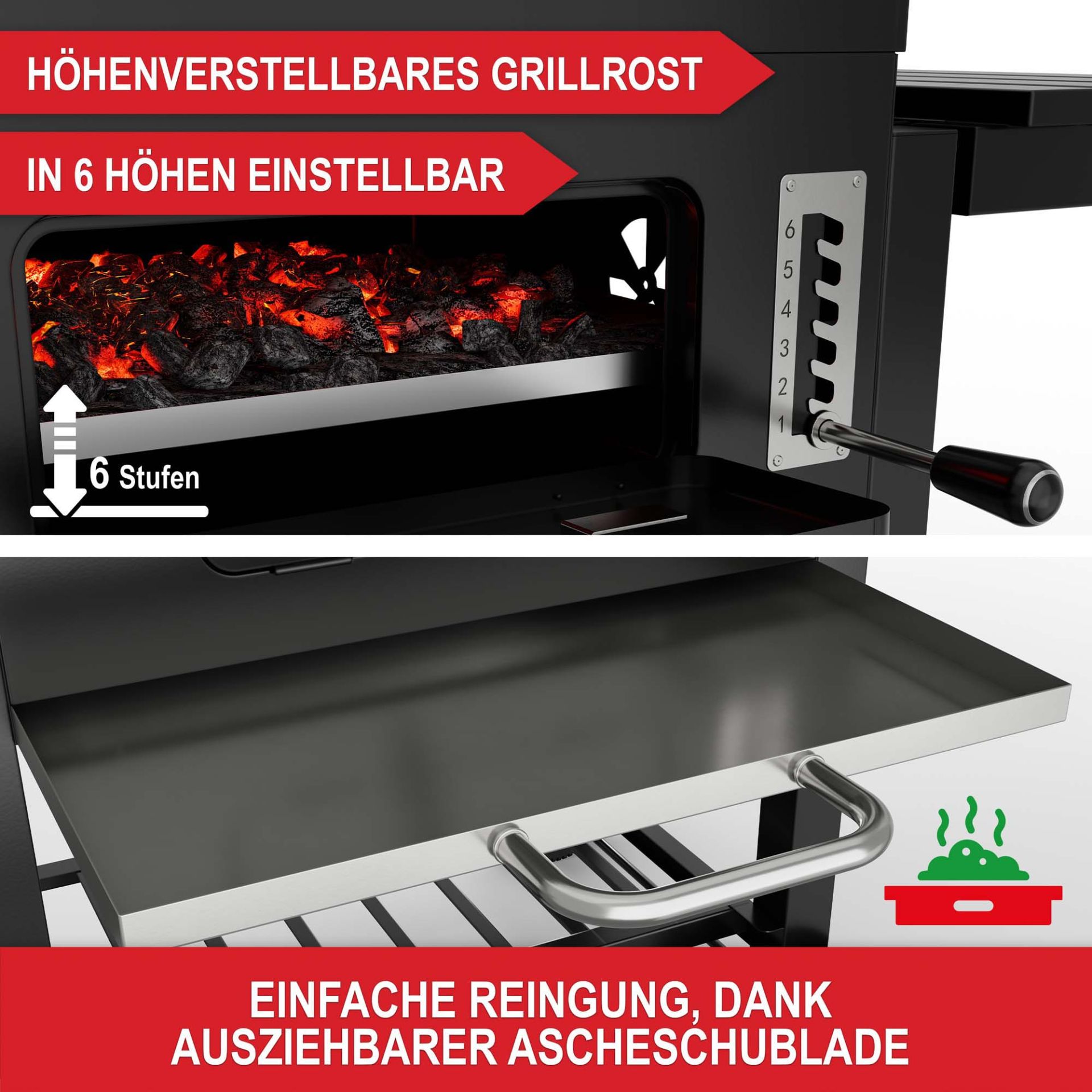 Holzkohlegrill Austin - Höhenverstellbares Grillrost; in 6 Höhen einstellbar