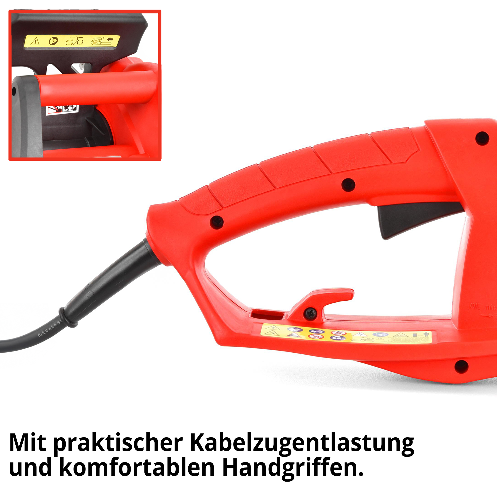 Elektro-Kettensäge mit Kabelzuentlastung für sicheres arbeiten 