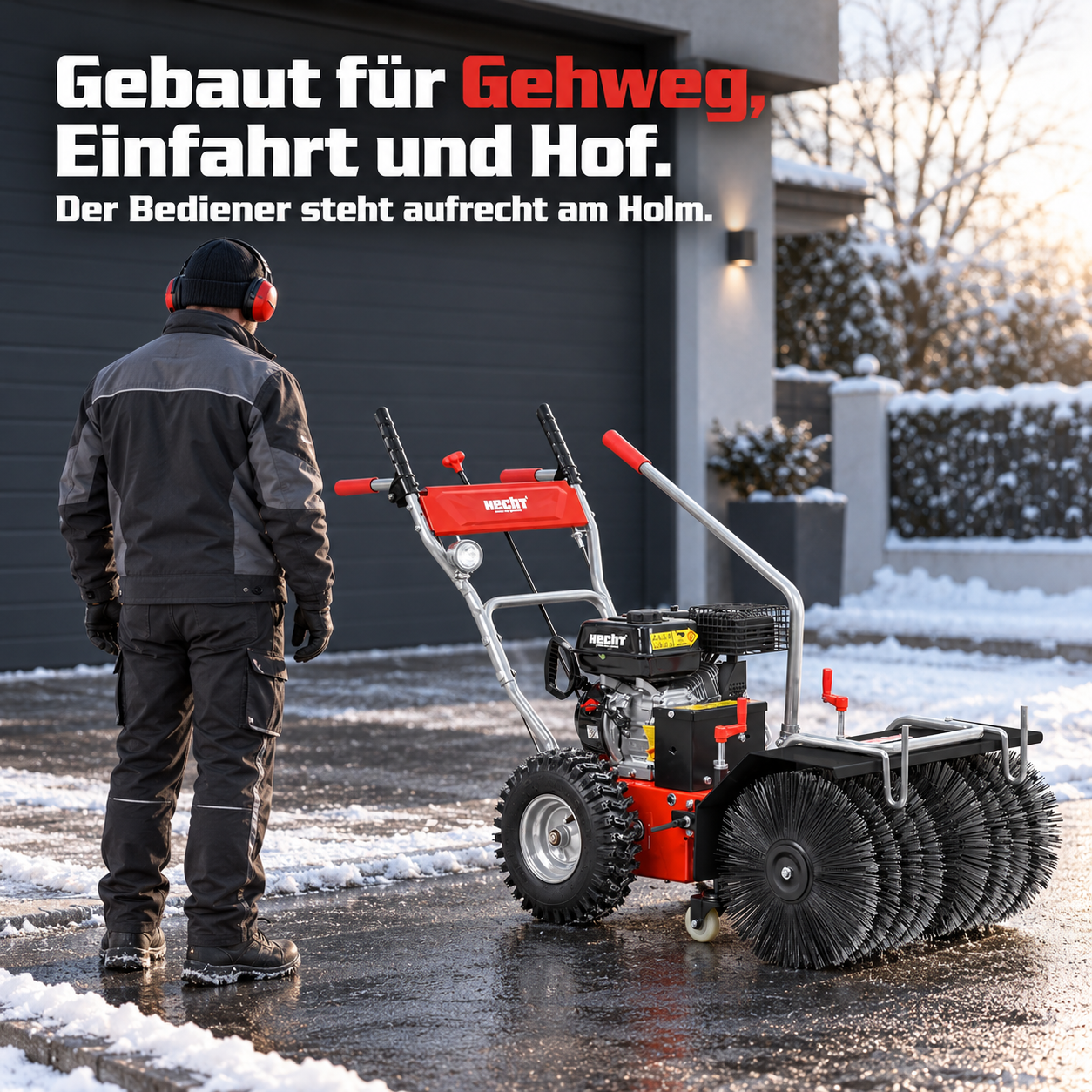 Ergonomische HECHT Kehrmaschine: Bediener steht aufrecht am Halteholm (Dieses Bild wurde mit Hilfe von KI generiert.)