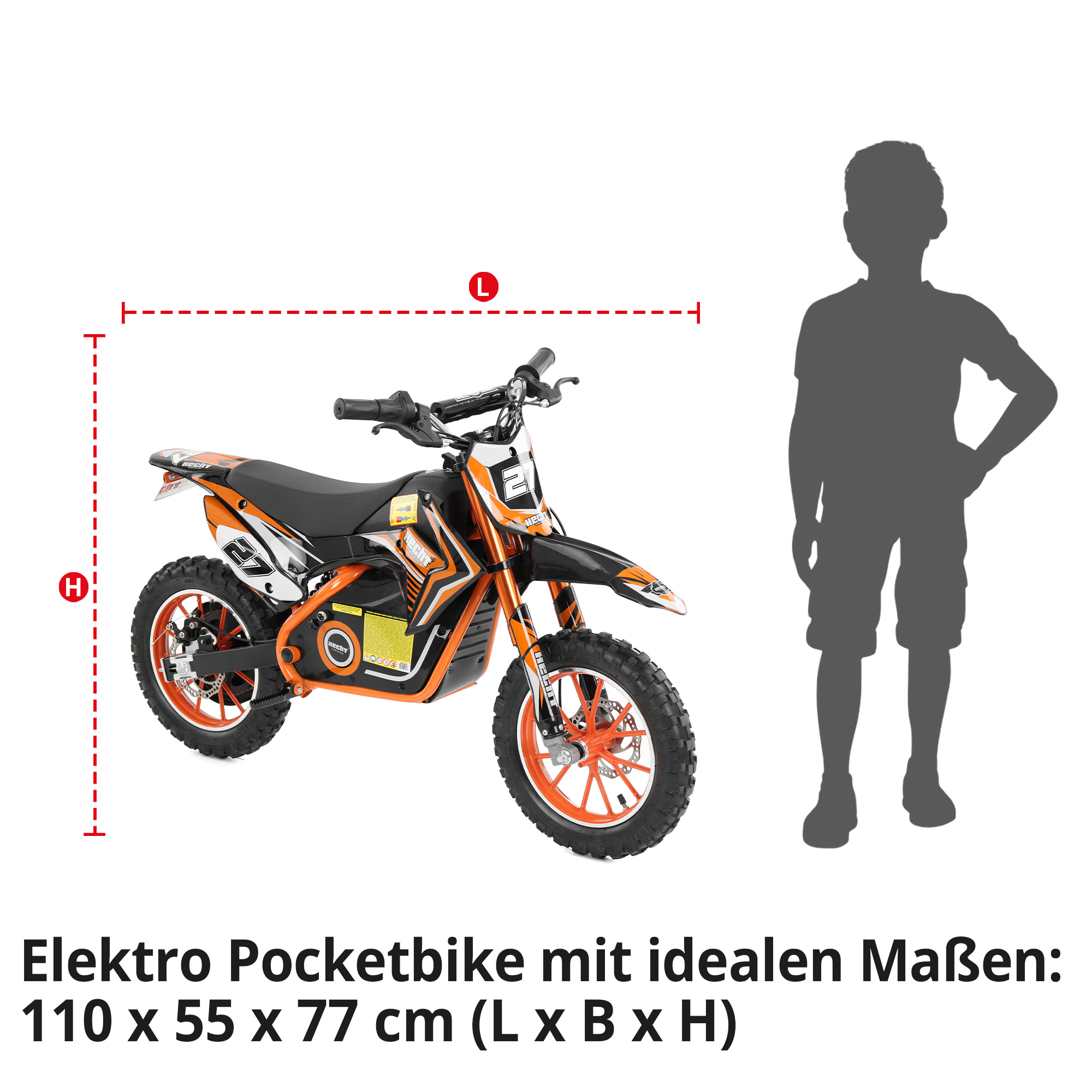 Elektro Pocketbike im Größenvergleich mit Kind – Maße: 110×55×77 cm
