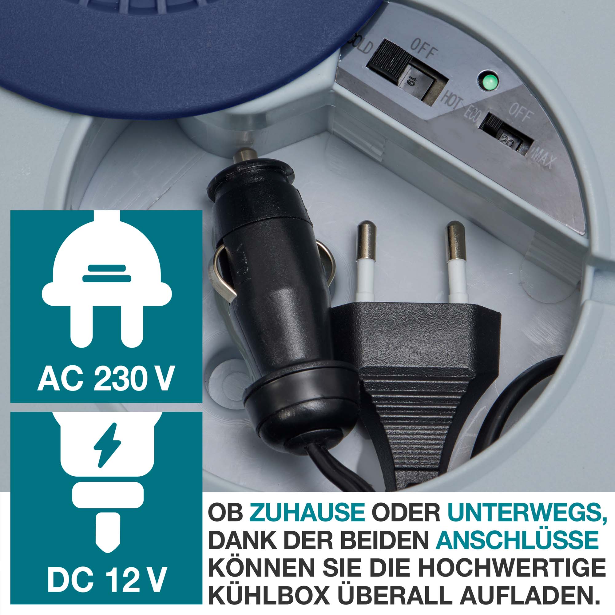 Kühlbox - Getränkekühler - AC 230 V und DC 12 V Anschlüsse - Kühlbehälter - 2-in-1 Kühler - Thermobox