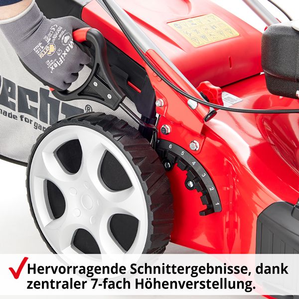 HECHT 553 SW Benzin Rasenmäher mit hervorragendem Schnittergebnis; dank zentraler 7-fach Höhenverstellung