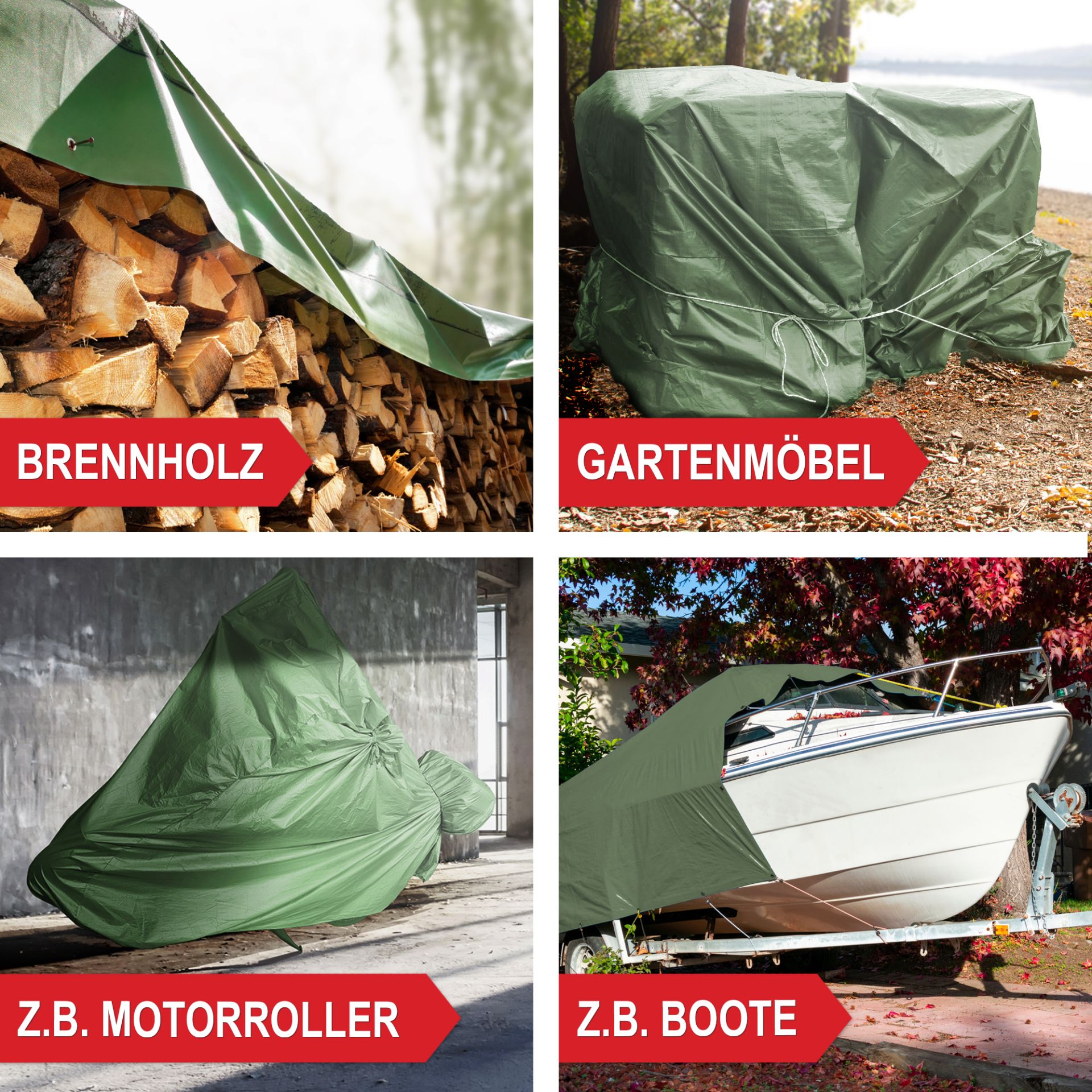 Abdeckplane 140 g/qm XXL - Für zum Beispiel Brennholz, Gartenmöbel, Motorroller, Boote