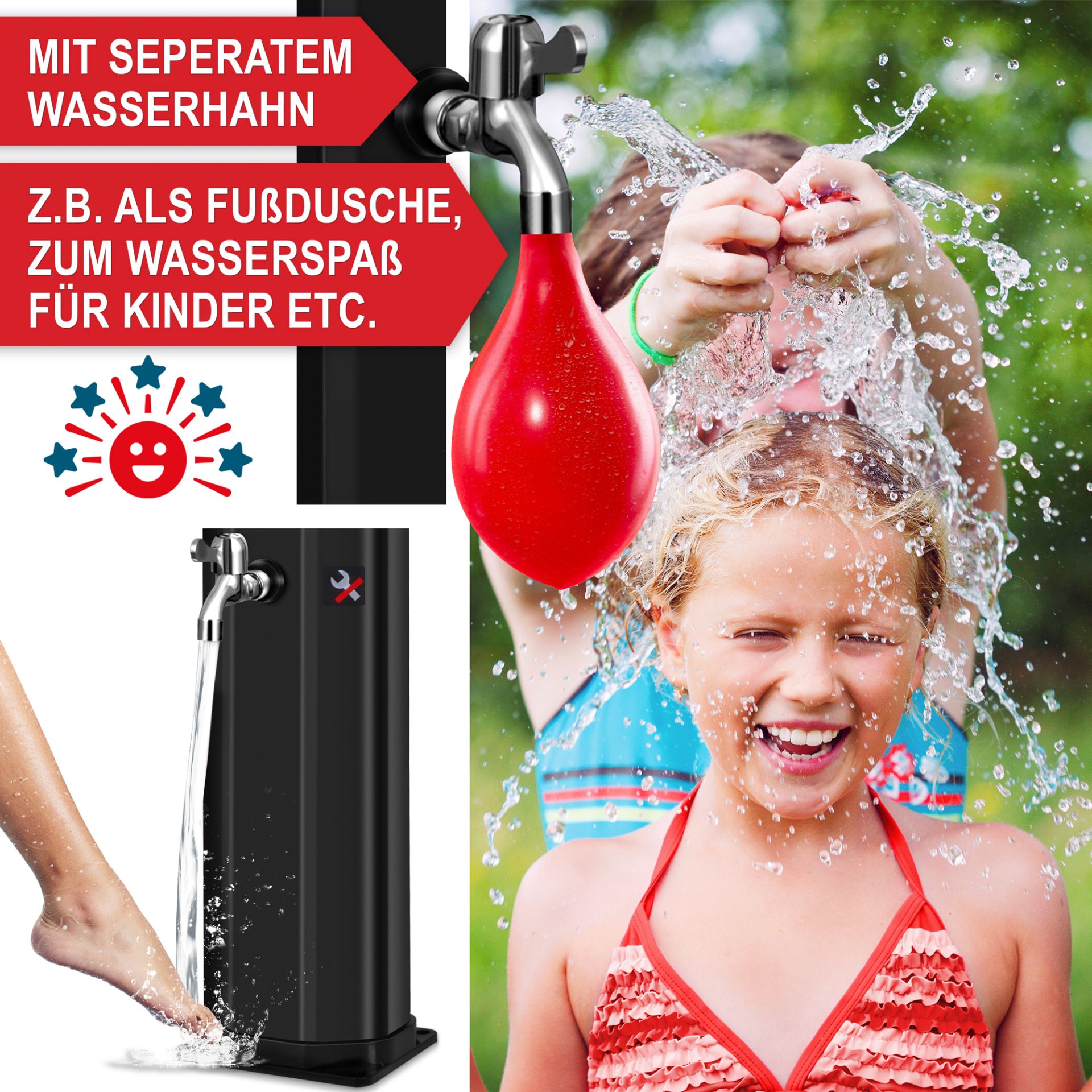 Solardusche schwarz  - Mit seperatem Wasserhahn, zum Beispiel als Fußdusche, Wasserspaß für Kinder