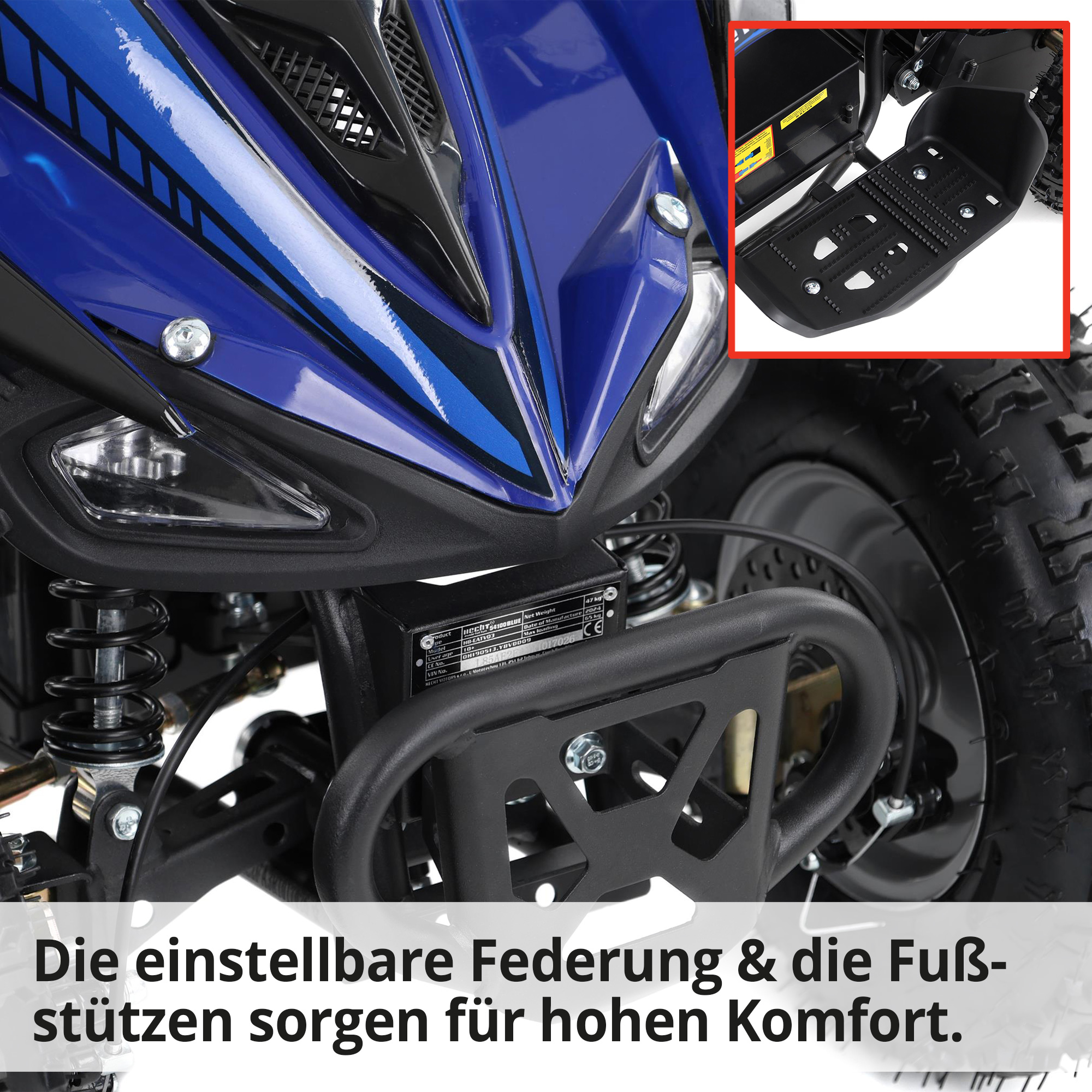 Hecht 54100 Blau QUAD mit einstellbarer Federung und Fußstützen für hohen Komfort