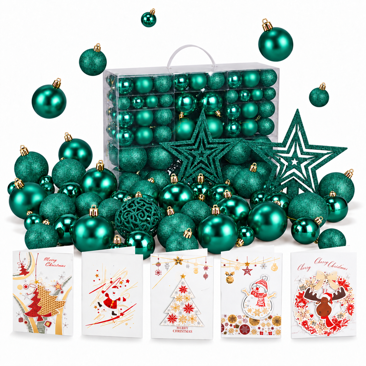 ONBEST Christbaumkugeln: Komplettes Grün-Set freigestellt auf Weiß (Dieses Bild wurde mit Hilfe von KI generiert.)
