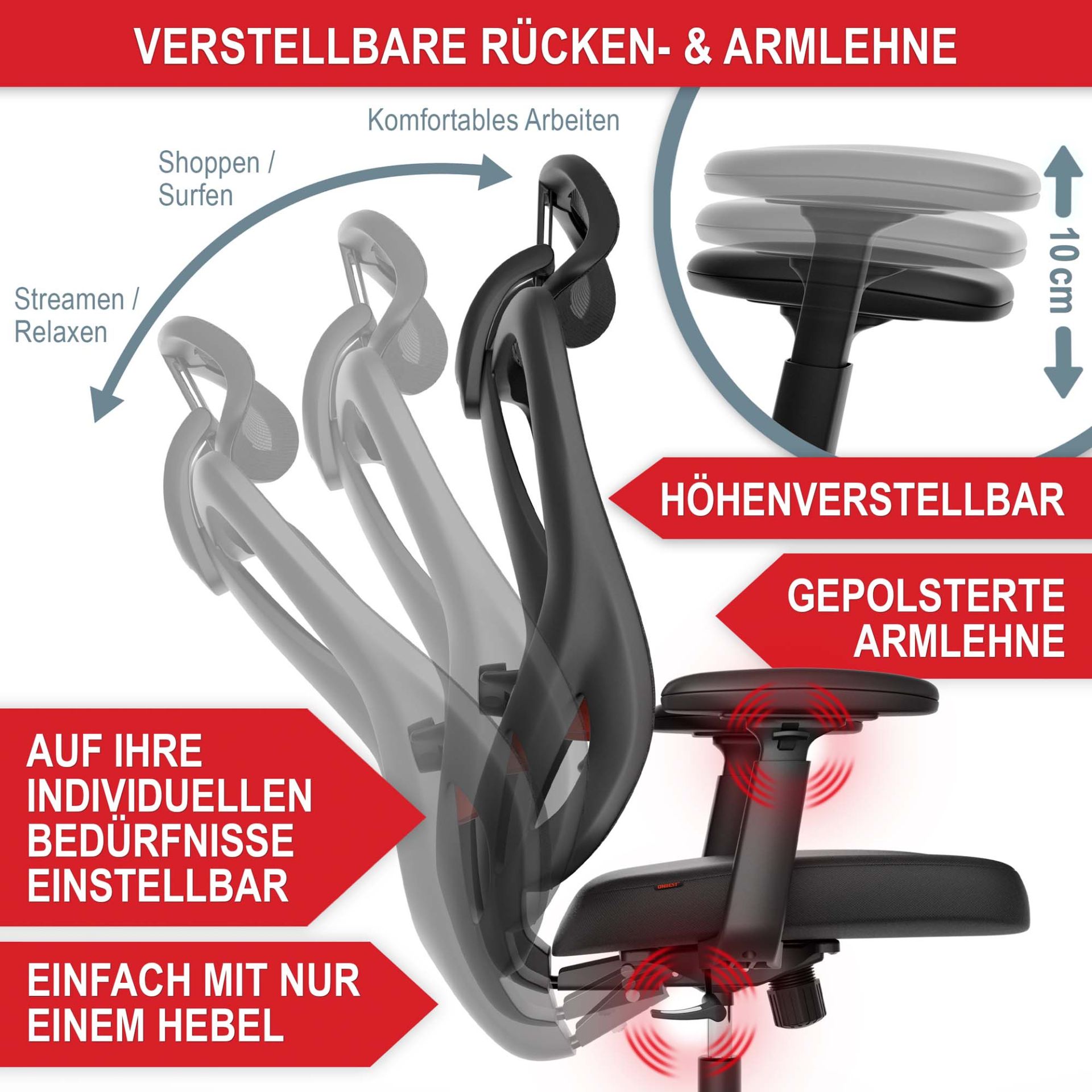 Bürostuhl Monaco schwarz - Verstellbare Rücken- und Armlehne, Höhenverstellbar, gepolsterte Armlehne, einfach mit einem Hebel auf Ihre individuellen Bedürfnisse einstellbar