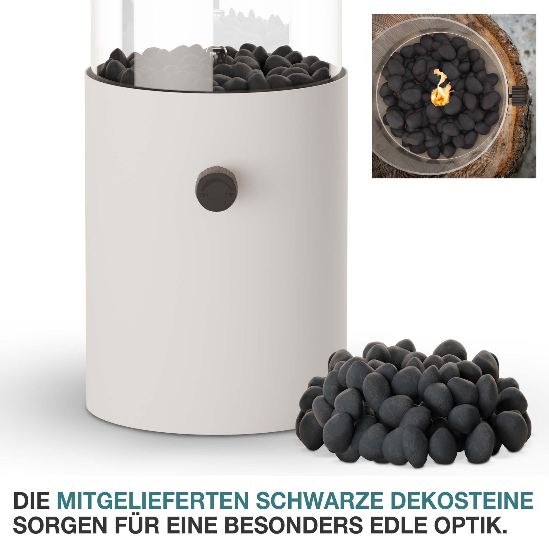 Tischkamin mit schwarzen Dekosteinen für stilvolle Flammenoptik und elegantes Design