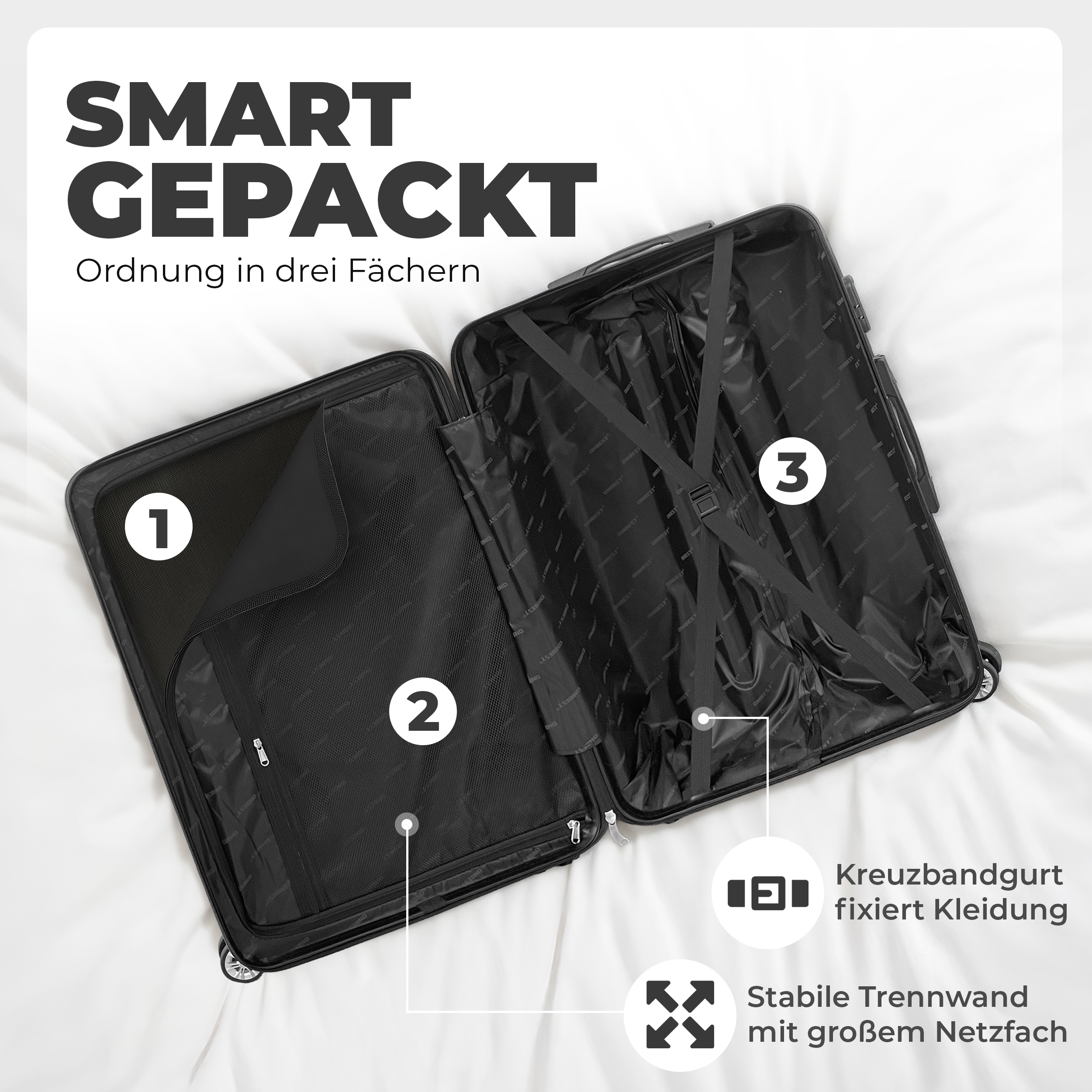 Gepäckset ONBEST Schwarz mit Trennwand, Netzfach und Kreuzspanngurt
