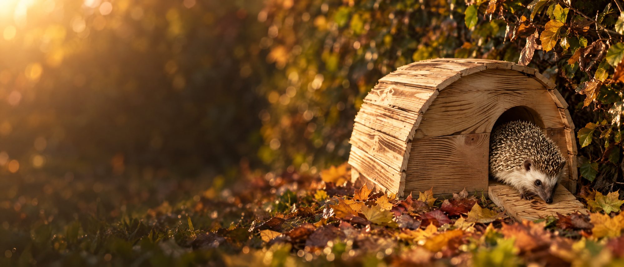 Igelhaus aus Holz mit Labyrintheingang im Herbstlicht, Igel am Eingang (Dieses Bild wurde mit Hilfe von KI generiert.)
