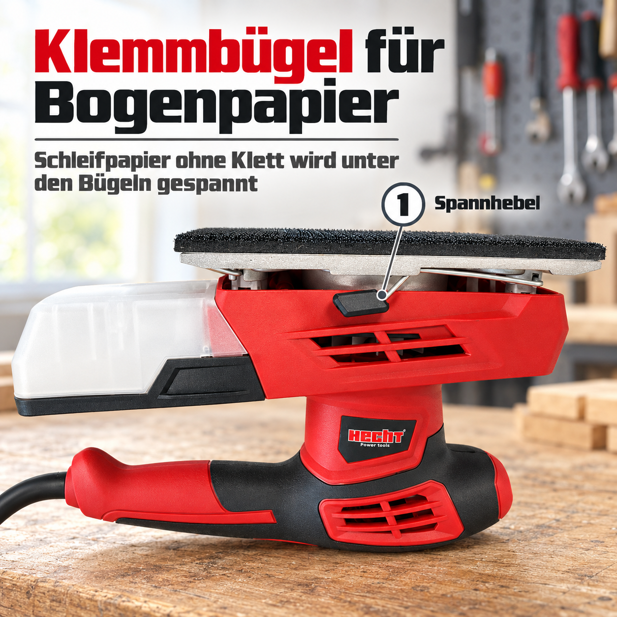 Holzschleifer mit Klemmbügel: Bogenpapier einfach per Spannhebel fixieren (Dieses Bild wurde mit Hilfe von KI generiert.)