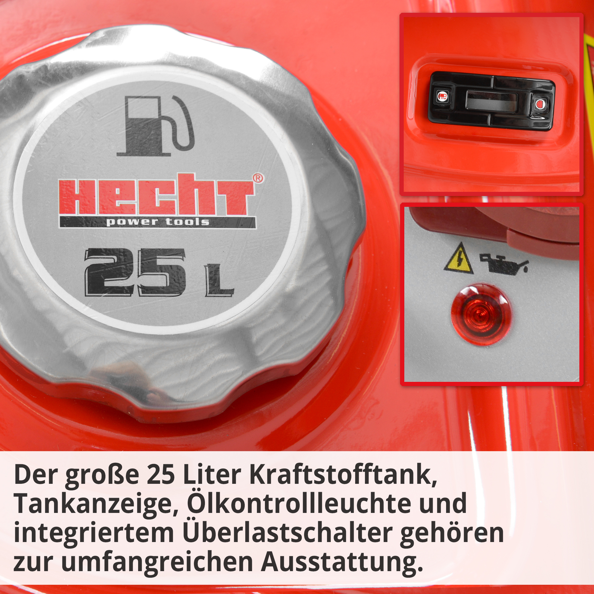 Stromgenerator HECHT mit 25 L Tank, Tankanzeige und Ölwarnleuchte