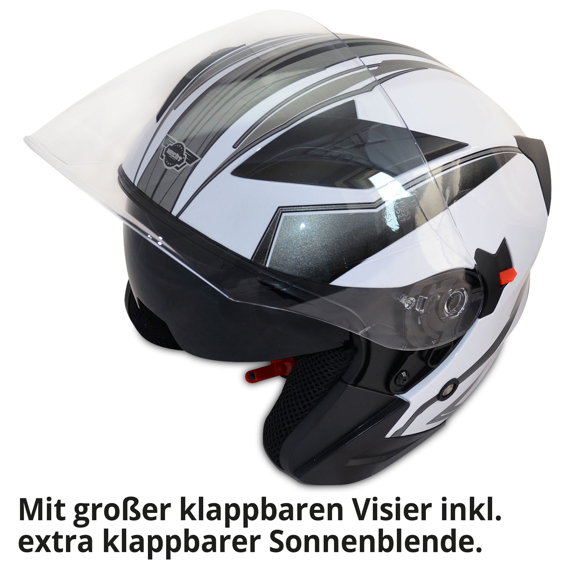 Motorradhelm; Großes klappbares Visier inklusive klappbarer Sonnenblende