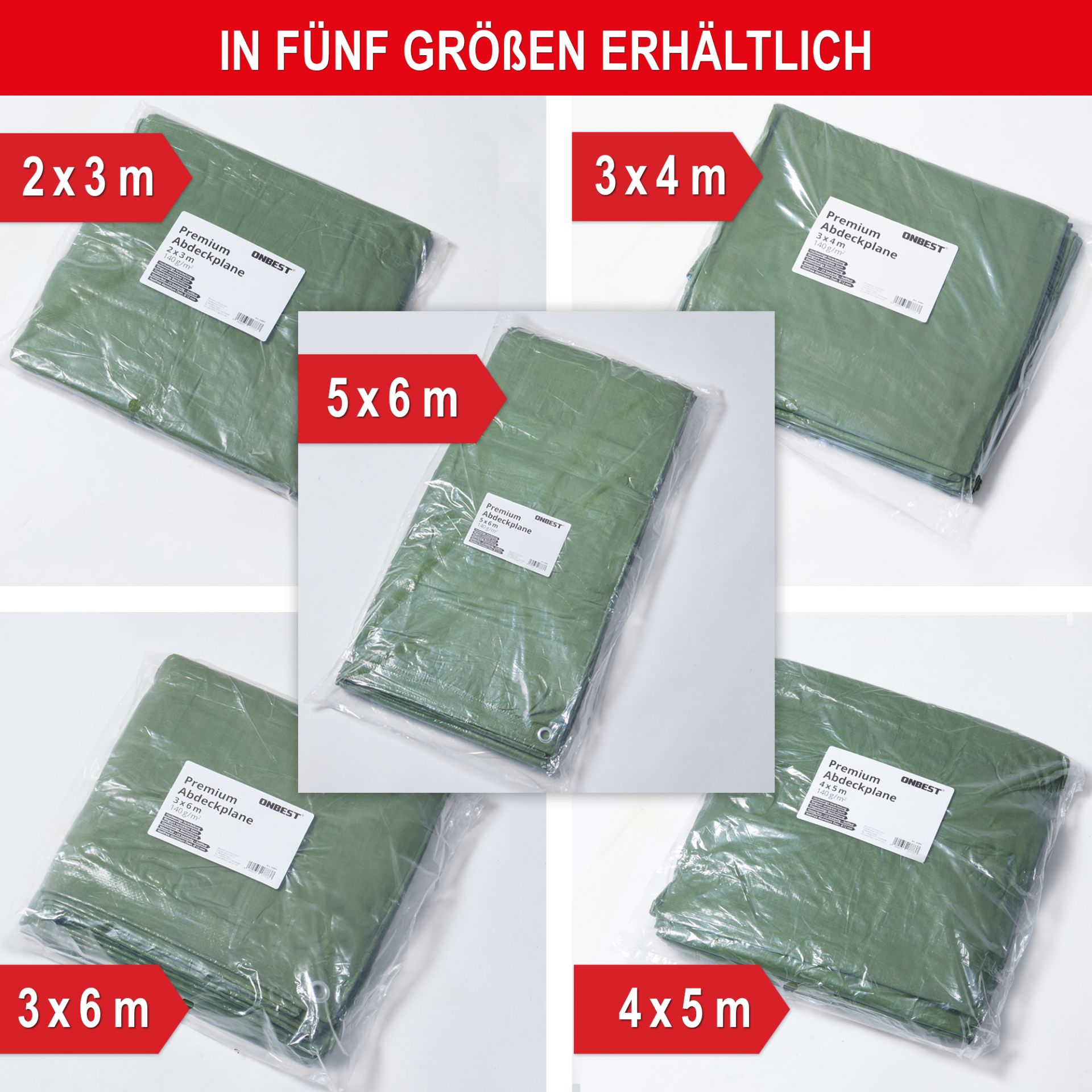 Abdeckplane 140 g/qm XXL -  5 verschiedene Größen, klein bis groß