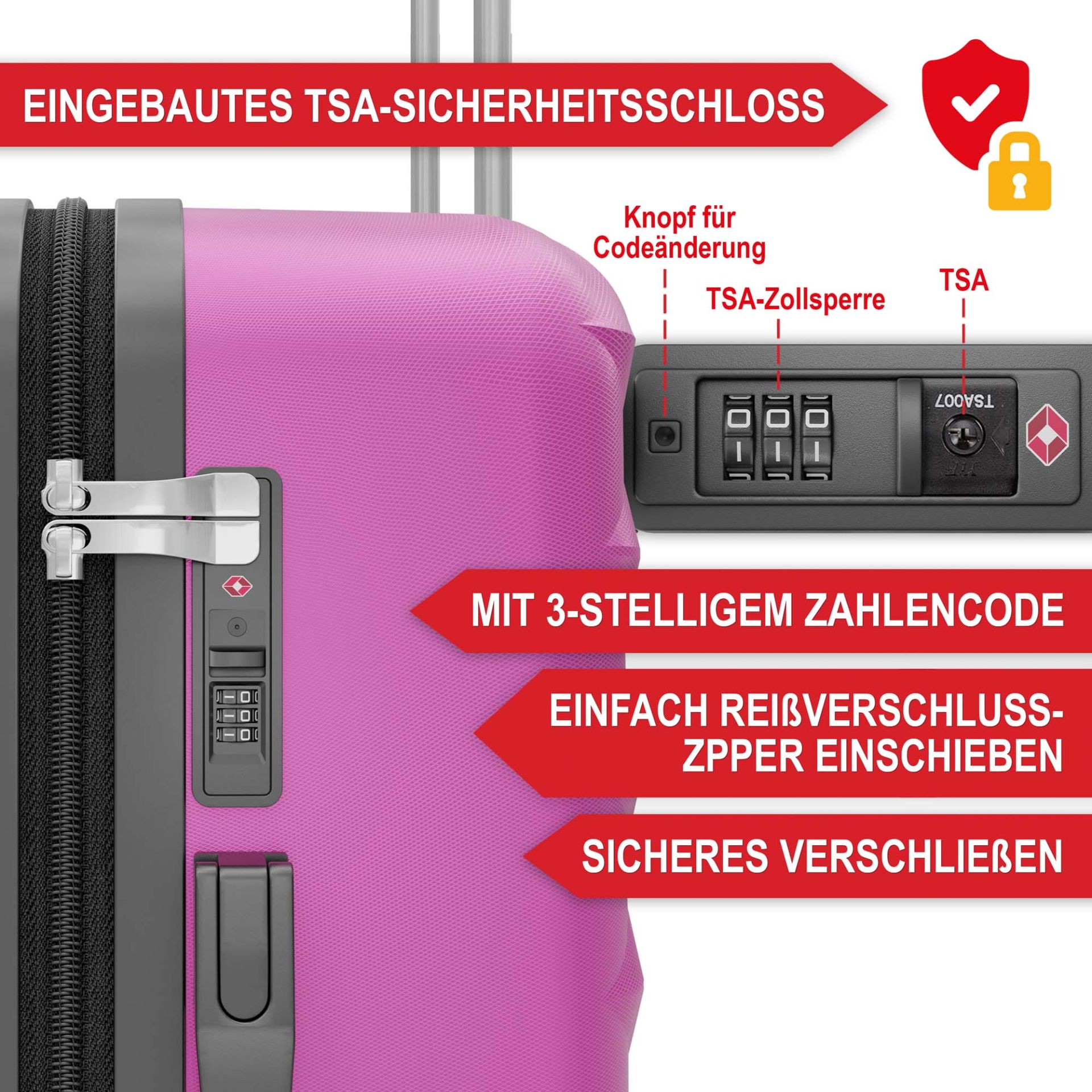 Hartschalenkofferset pink - Eingebautes TSA-Sicherheitsschloss; Mit 3-stelligem Zahlencode; einfach Reißverschlusszipper einschieben; sicheres Verschließen