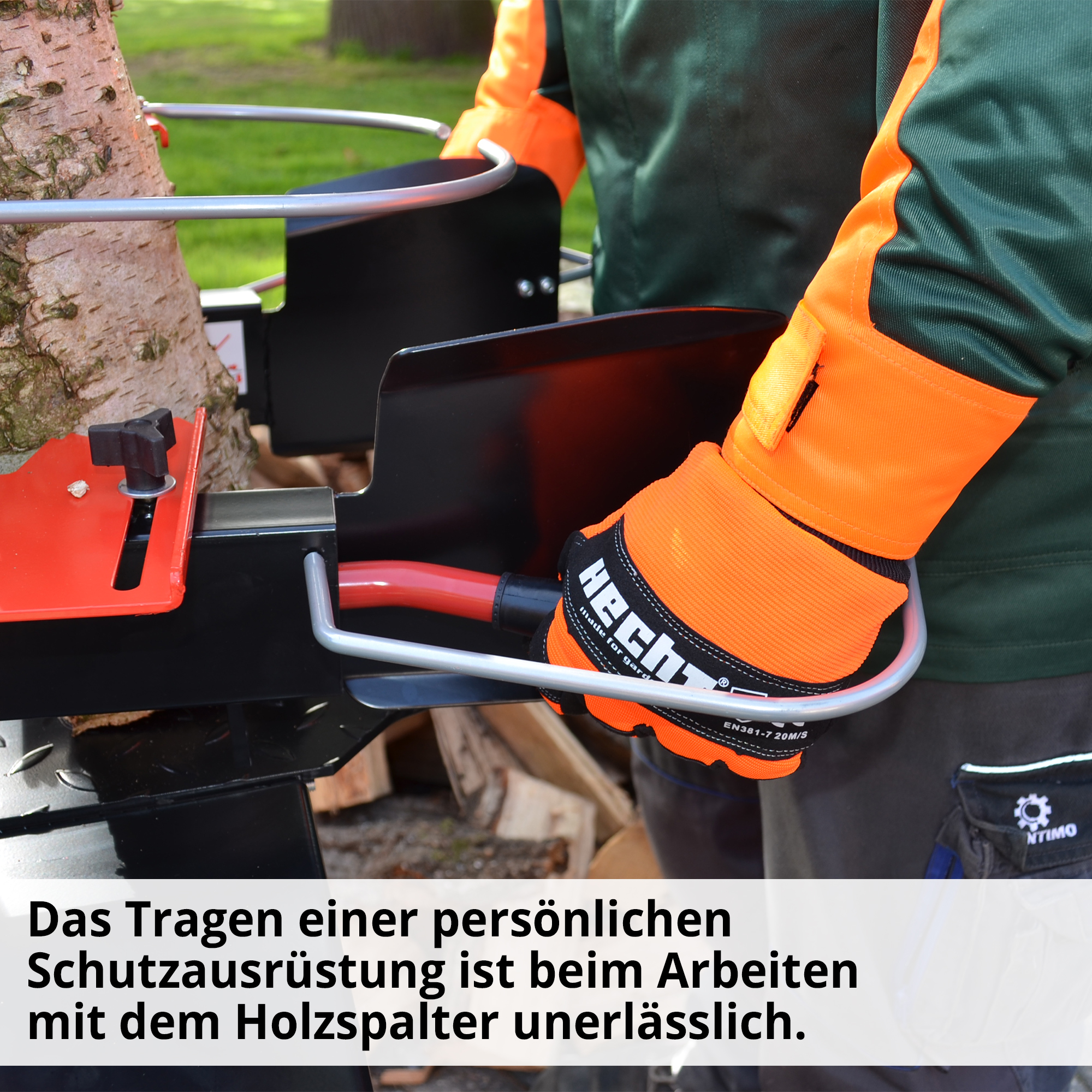 Holzspalter; Das Tragen einer persönlichen Schutzausrüstung ist beim Arbeiten mit dem Holzspalter unerlässlich