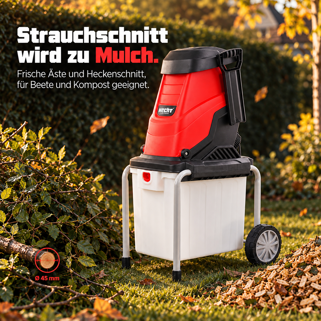 HECHT Messerhäcksler verarbeitet Strauchschnitt zu feinem Mulch (Dieses Bild wurde mit Hilfe von KI generiert.)