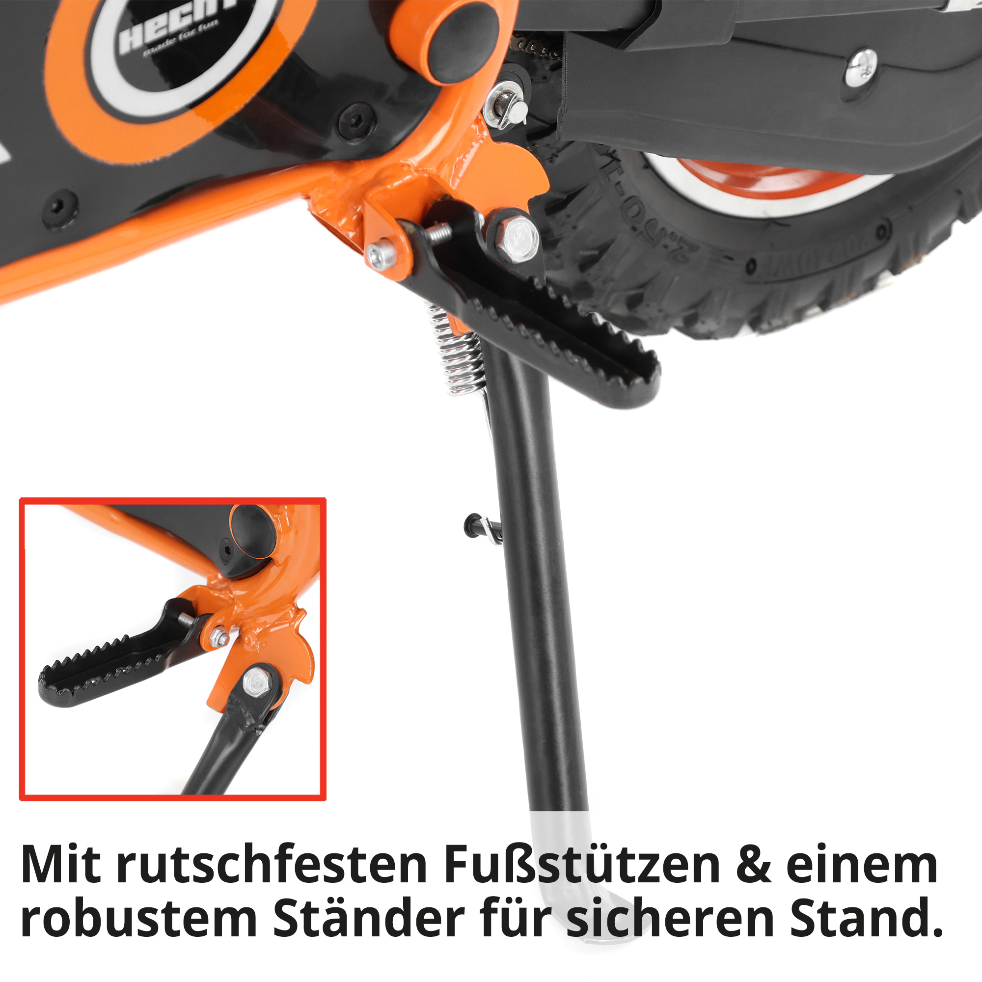 Fußstützen und robuster Seitenständer für sicheren Stand beim Pocketbike