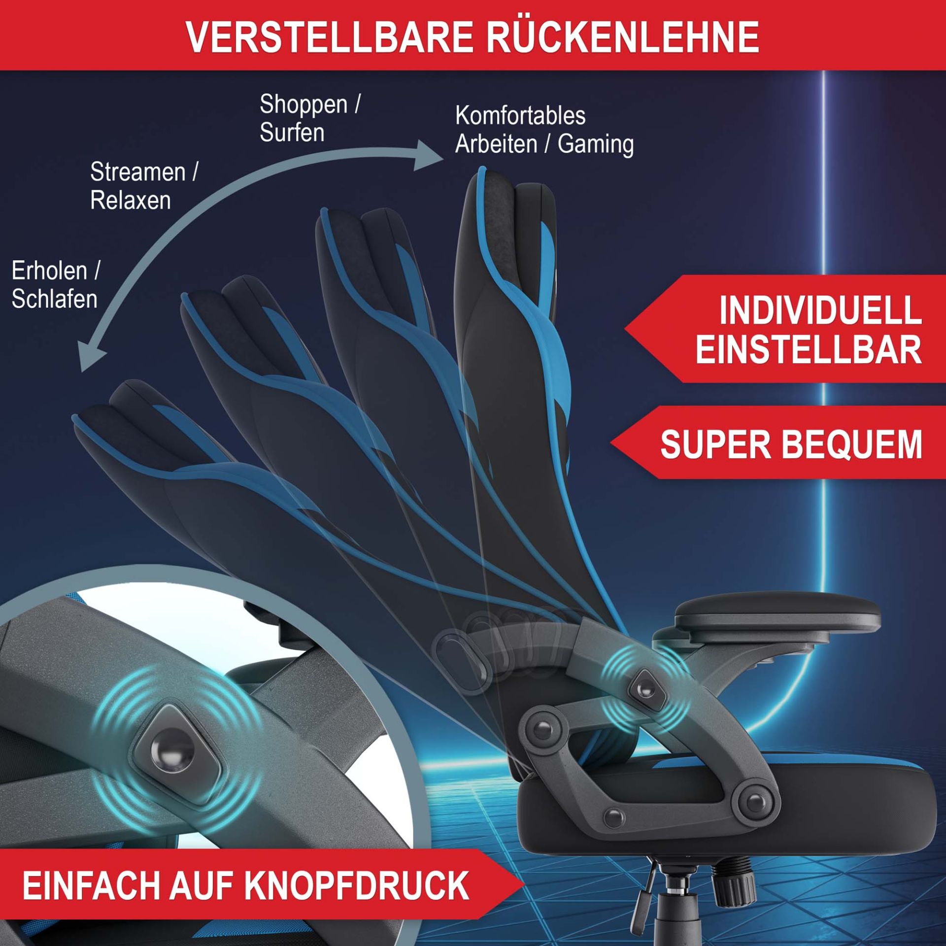 Gaming Stuhl schwarz/ blau - Verstellbare Rückenlehne, individuell einstellbar, super bequem, einfach auf Knopfdruck