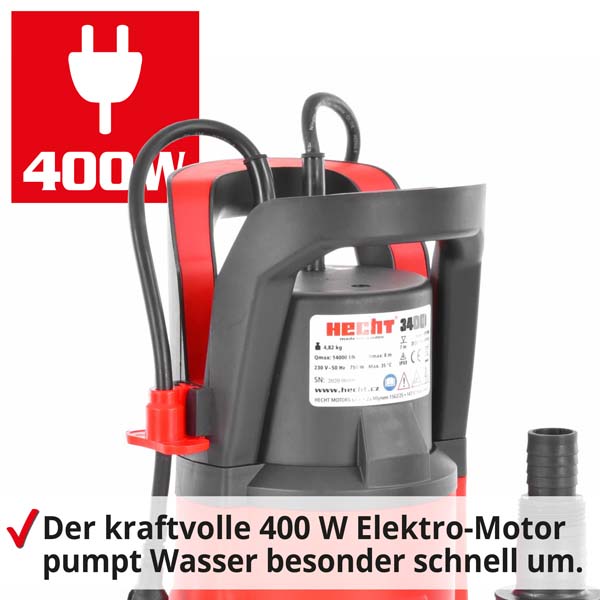 Hecht 3400 Tauchpumpe mit kraftvollen Elektro-Motor; pumpt Wasser besonders schnell um Hecht 3400 Tauchpumpe mit kraftvollen Elektro-Motor; pumpt Wasser besonders schnell um