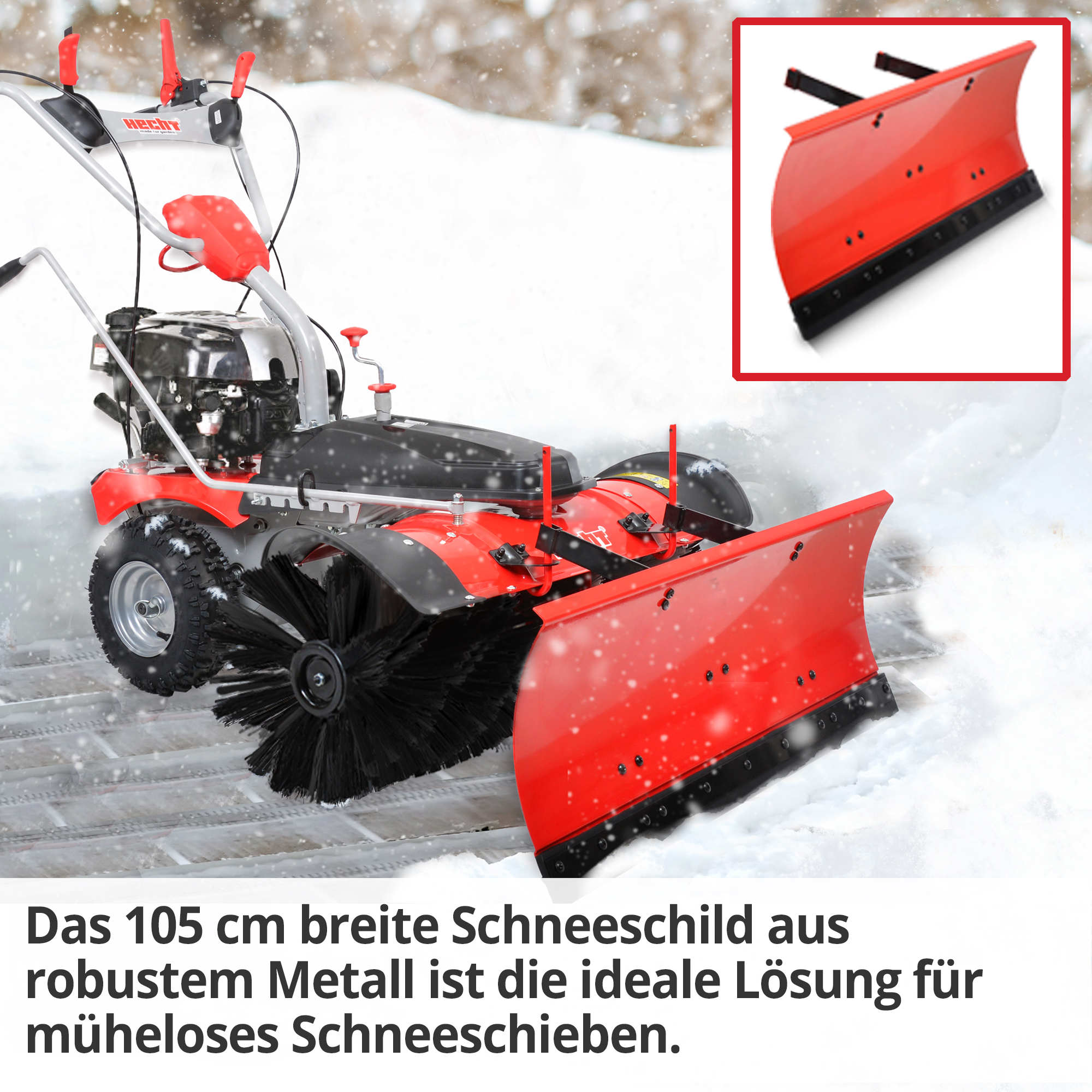 Das 105 cm breite Schneeschild an der HECHT 8101 BS Kehrmaschine ist aus robustem Metall und die ideale Lösung für müheloses Schneeschieben