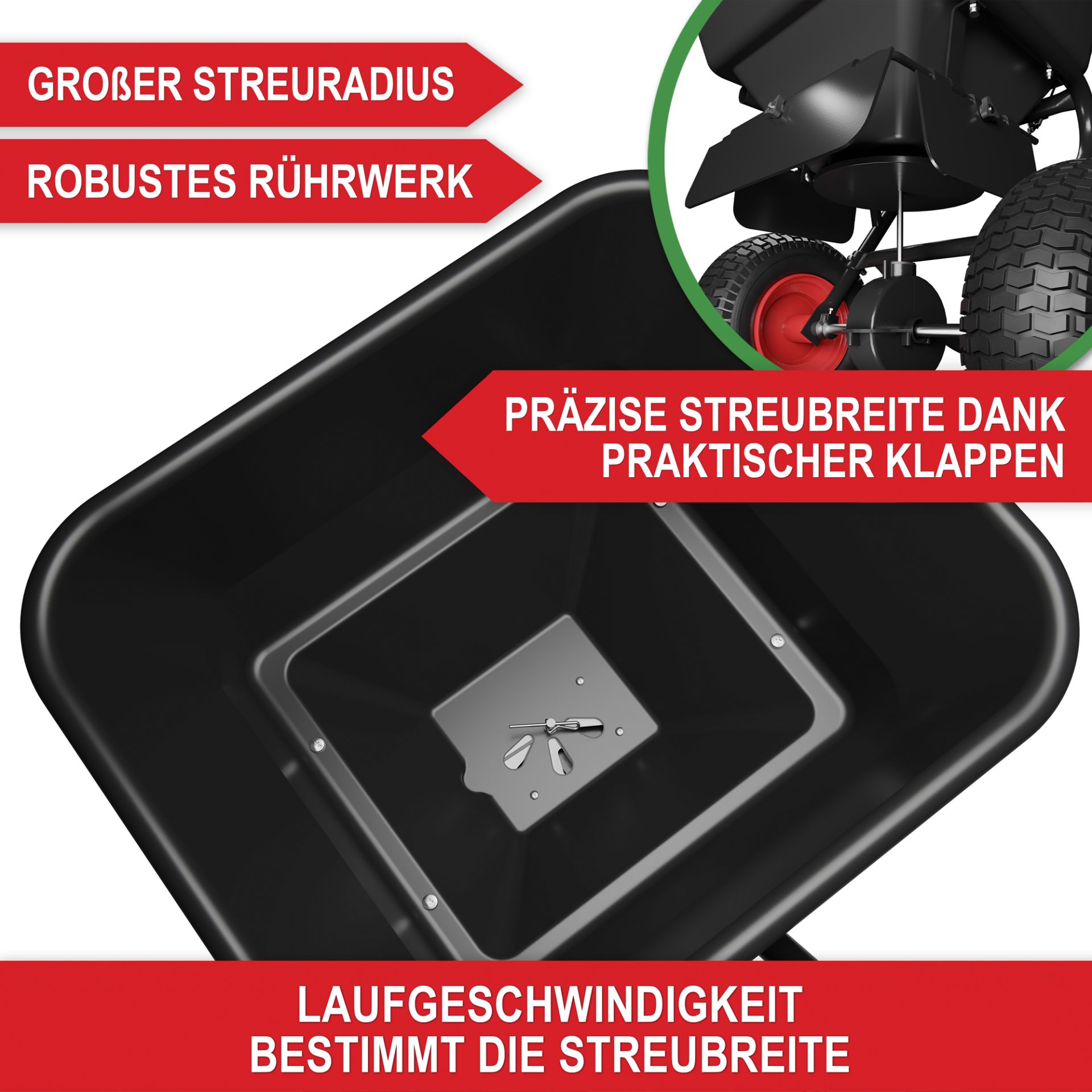 Streuwagen - großer Streuradius, robustes Rührwerk, präzise Streubreite dank praktisches Klappen